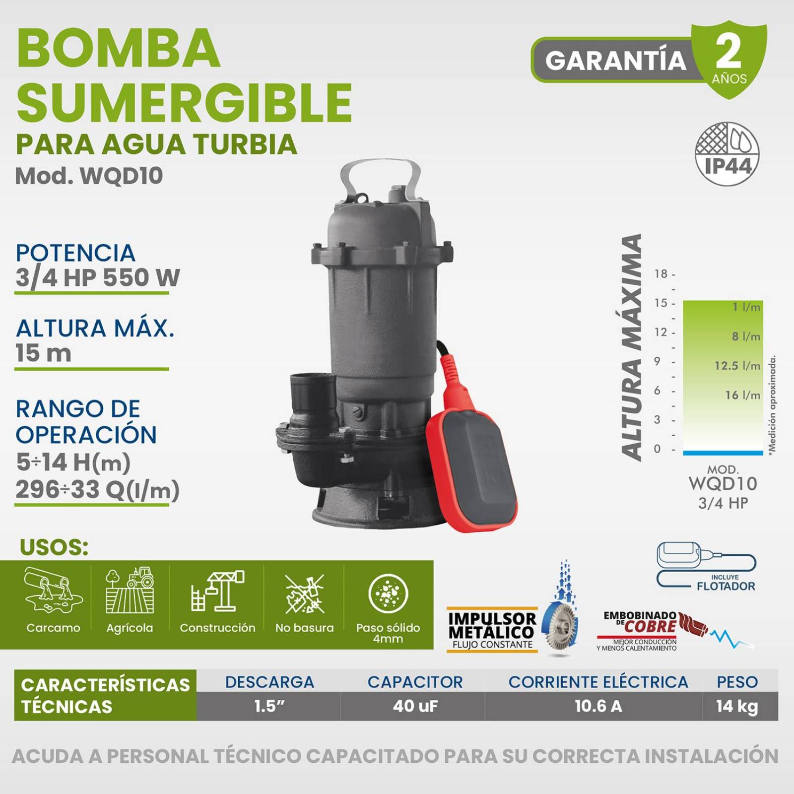 Bomba Sumergible Para Agua Sucia 3/4 Hp WQD10 Igoto 