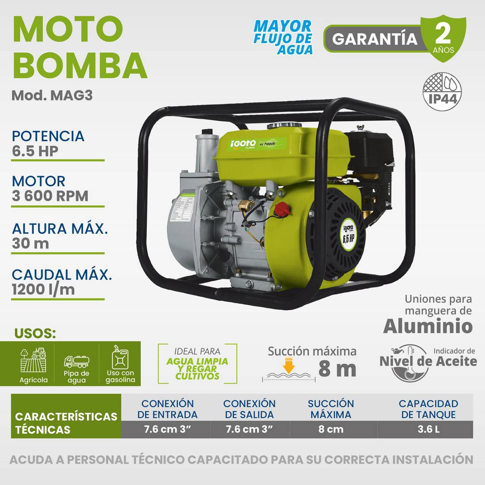 Motobomba Para Agua 6.5 Hp De Gasolina 3 Pulgadas Igoto
