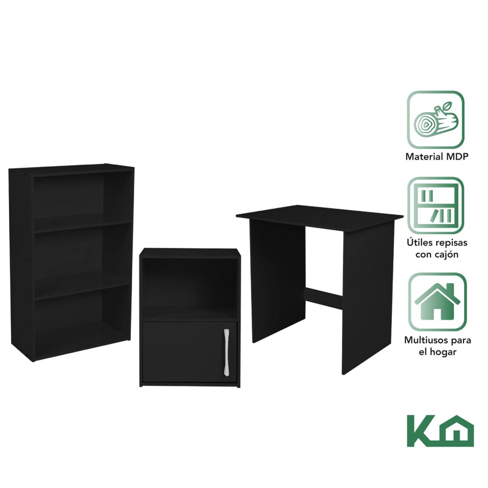 Combo Escritorio + Estante 3 Niveles + Estante Casa Oficina Negro