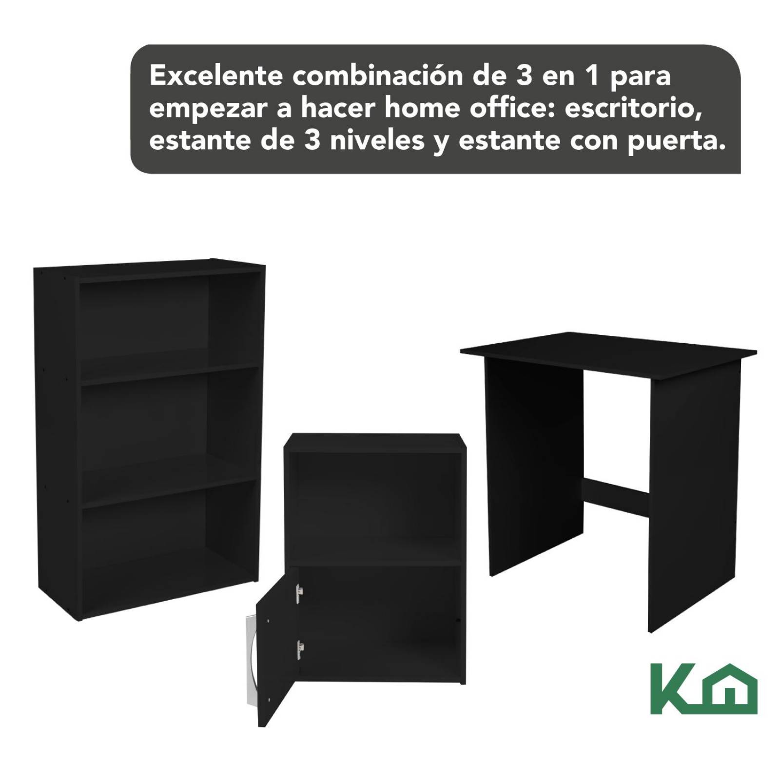 Combo Escritorio + Estante 3 Niveles + Estante Casa Oficina Negro