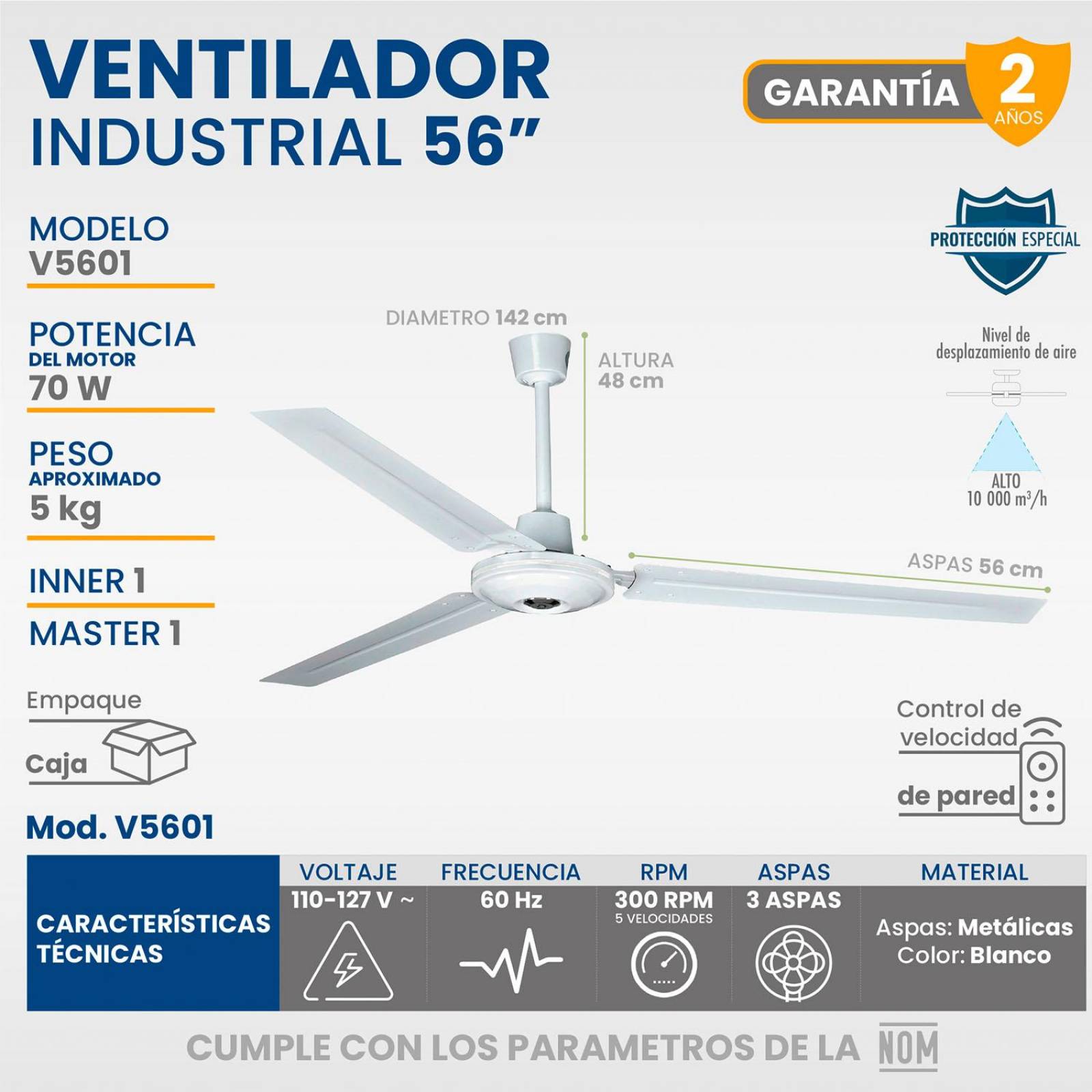 Ventilador Techo 3 Aspas Control 5 Velocidades 142cm 3 Pzas 