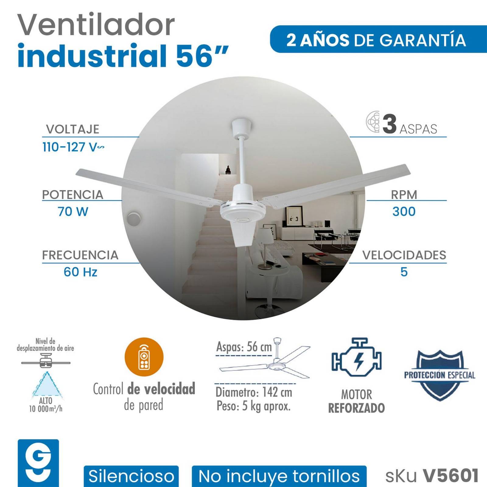 Ventilador Techo 3 Aspas Control 5 Velocidades 142cm 3 Pzas 