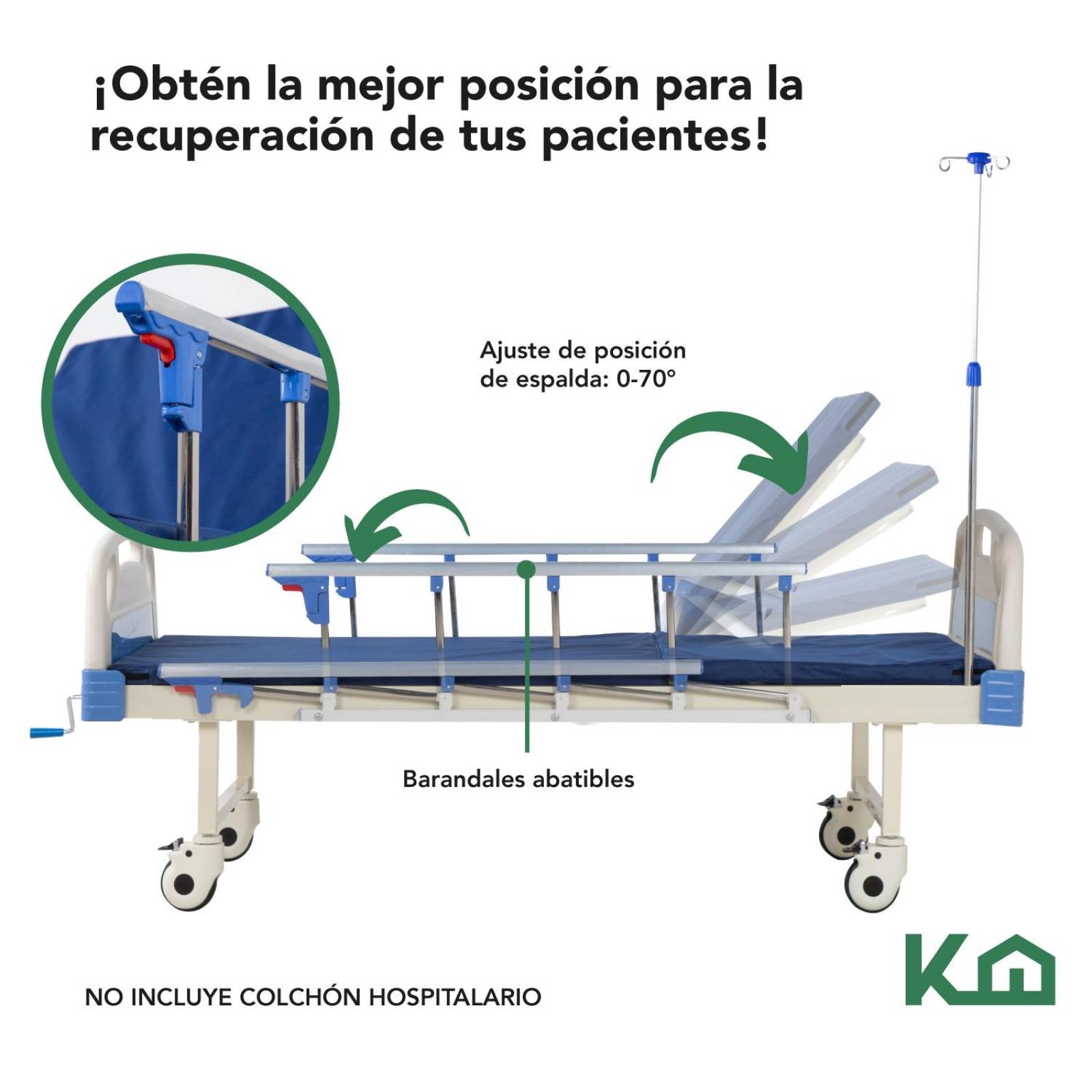 Cama De Hospital Manual Con Base de Colchon y Porta Suero 