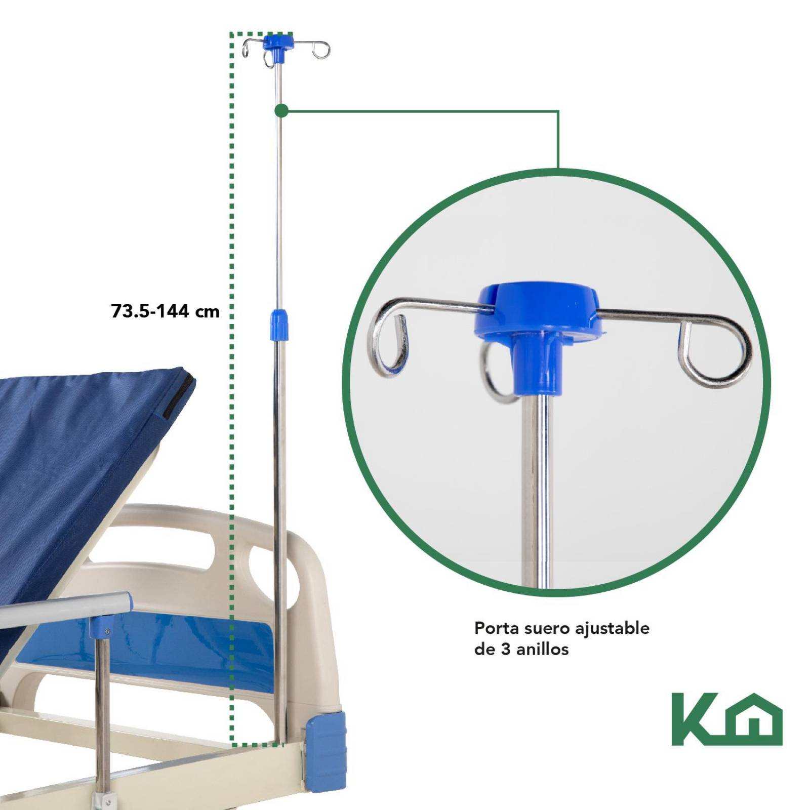 Cama De Hospital Manual Con Base de Colchon y Porta Suero 