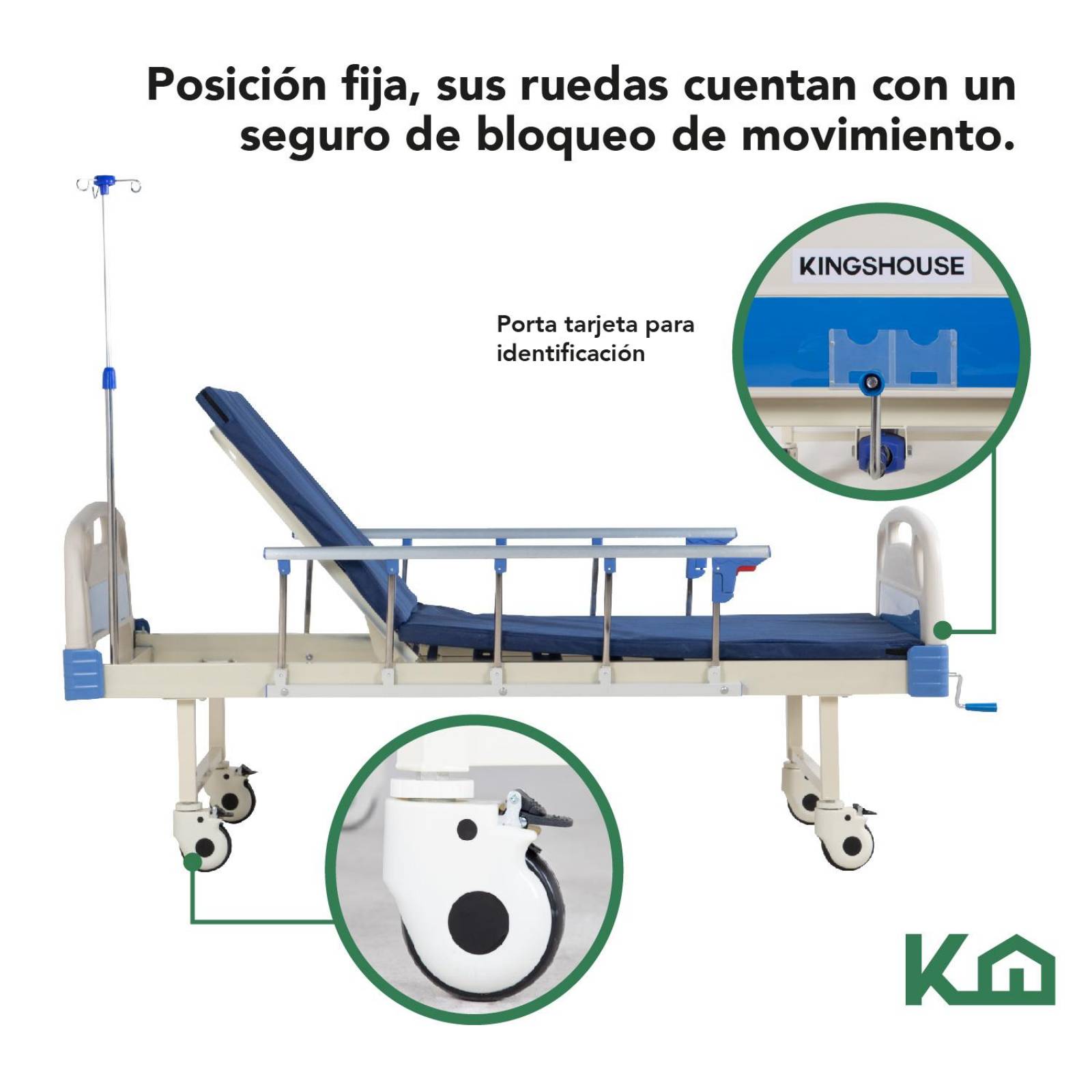Cama De Hospital Manual Con Base de Colchon y Porta Suero 