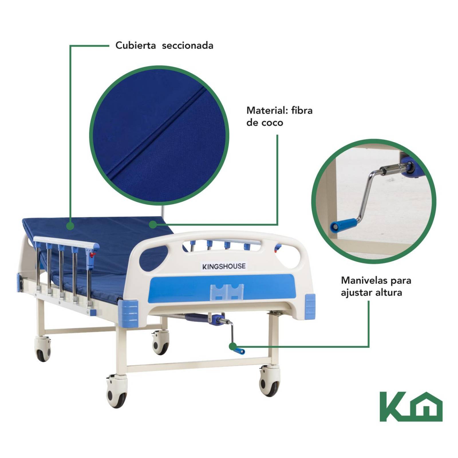 Cama De Hospital Manual Con Base de Colchon y Porta Suero 