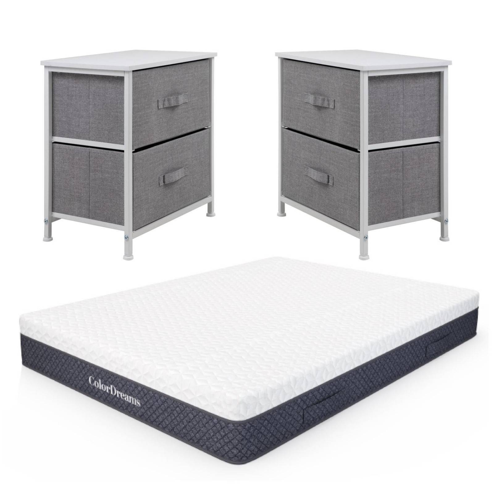 Comoda Cajonera 2 Cajones 2Pzas Colchon Matrimonial en Caja Blanco y gris