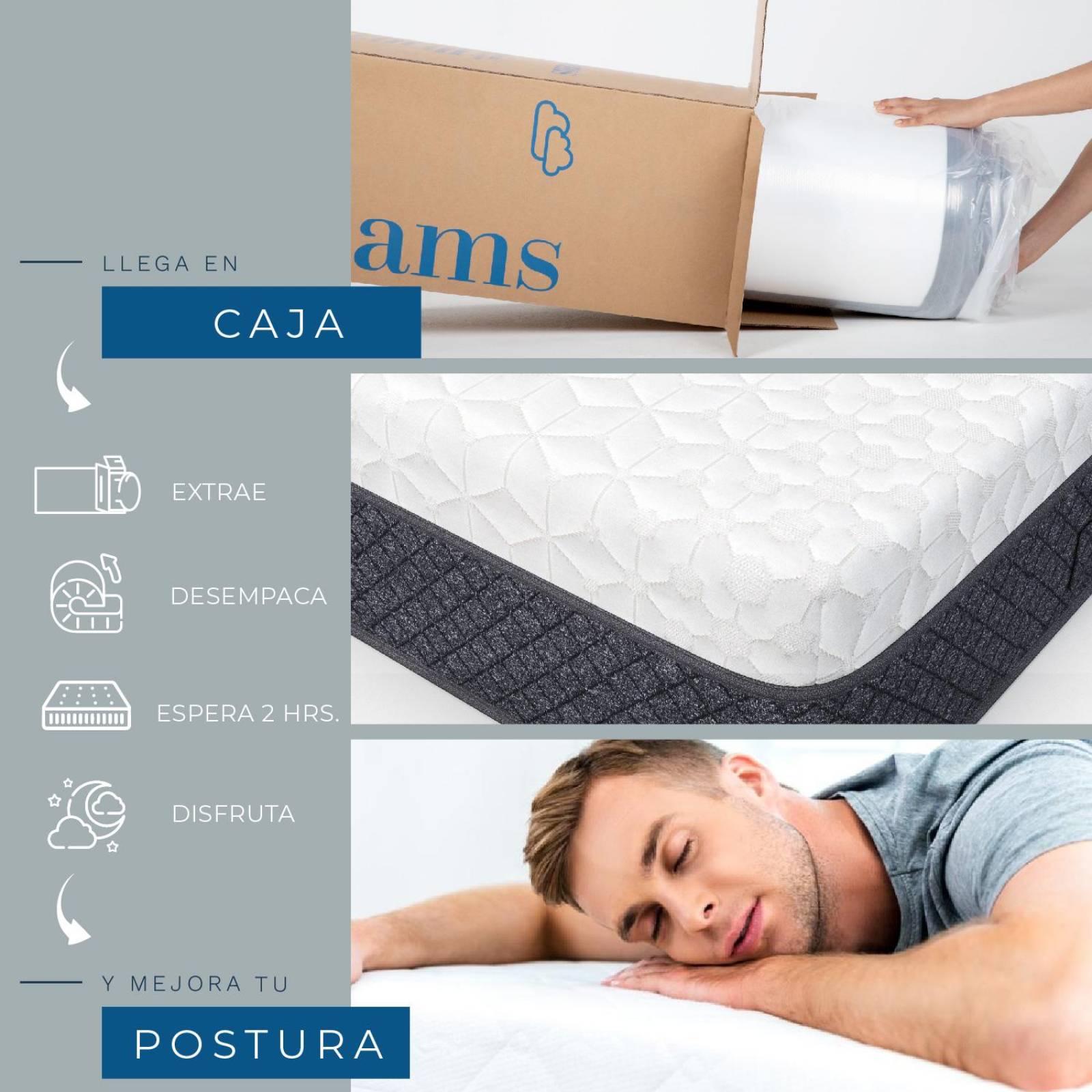 Comoda Cajonera 2 Cajones 2Pzas Colchon Matrimonial en Caja Blanco y gris