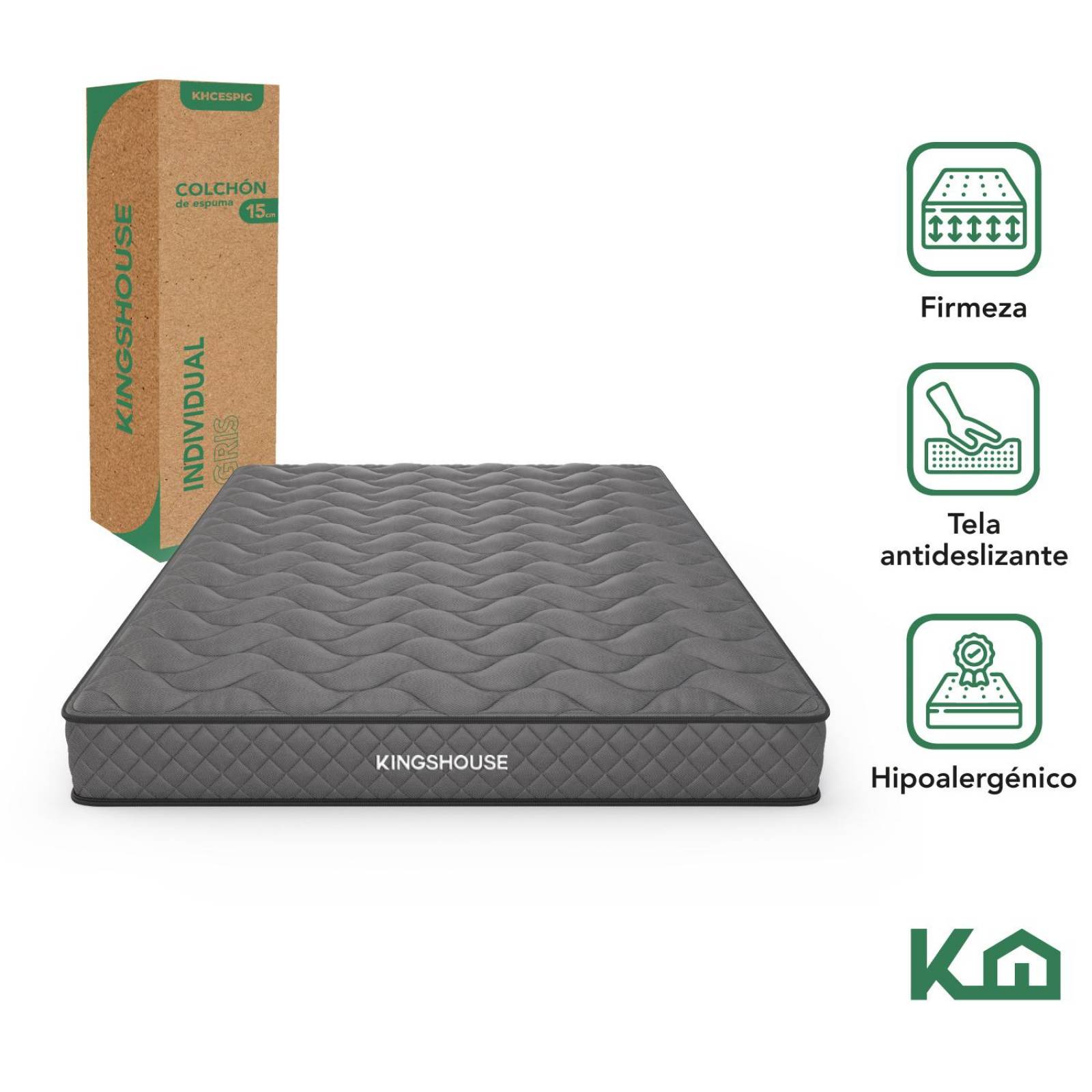 Colchon Individual En Caja 15cm Alto KingsHouse Gris