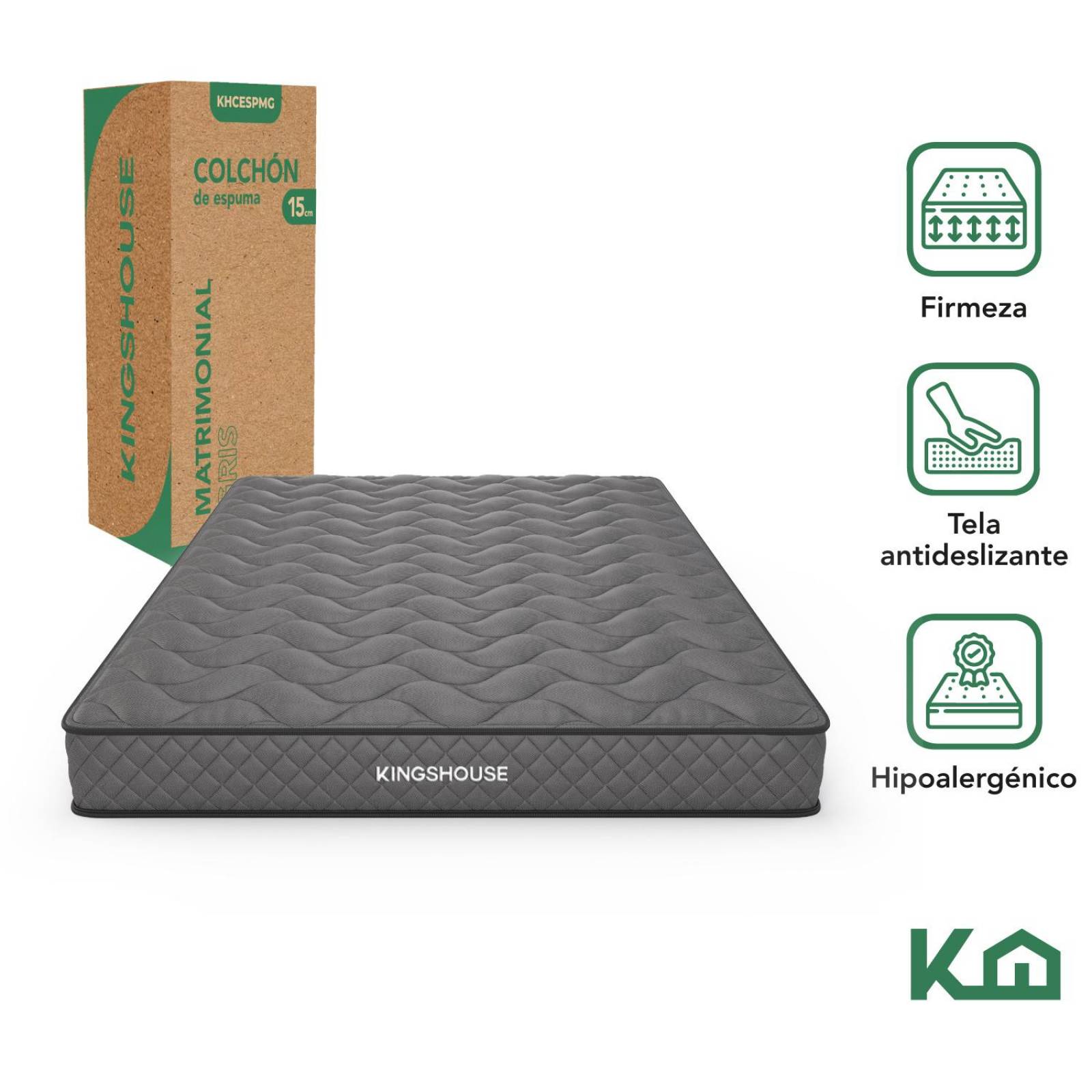Colchon Matrimonial En Caja 15cm Alto KingsHouse Gris