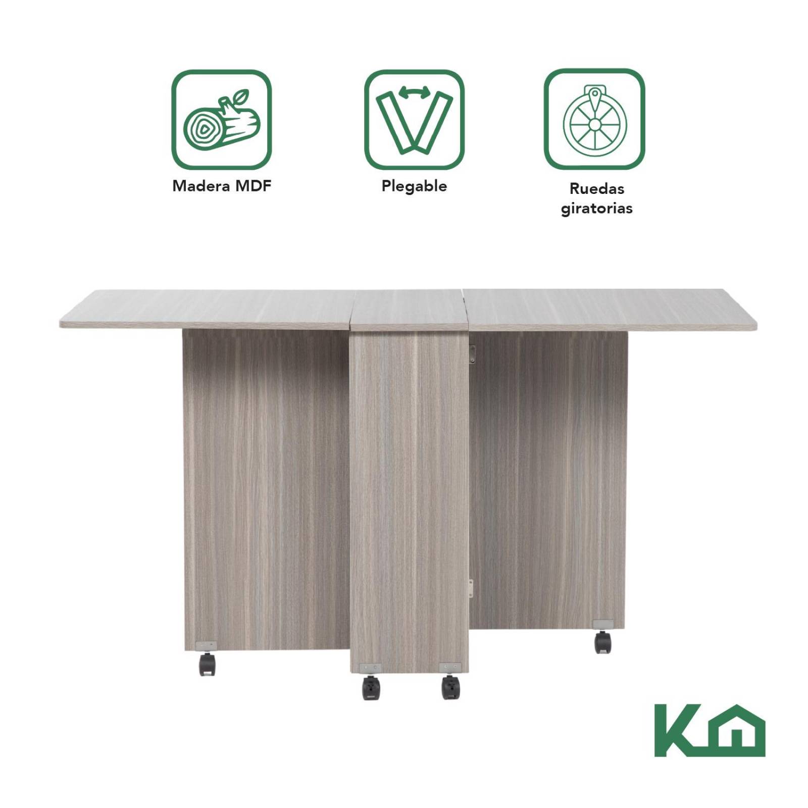 Mesa Comedor Plegable Ruedas Madera Multifuncion Movible 140 Gris