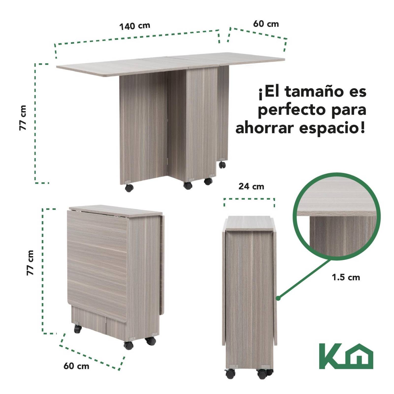 Mesa Comedor Plegable Ruedas Madera Multifuncion Movible 140 Gris