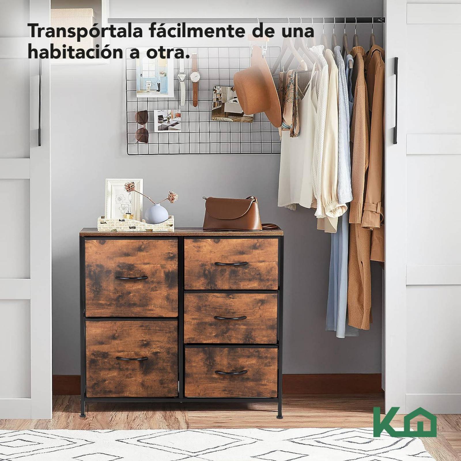 Comoda Cajonera 5 Cajones Mueble Organizador de Tela Madera 