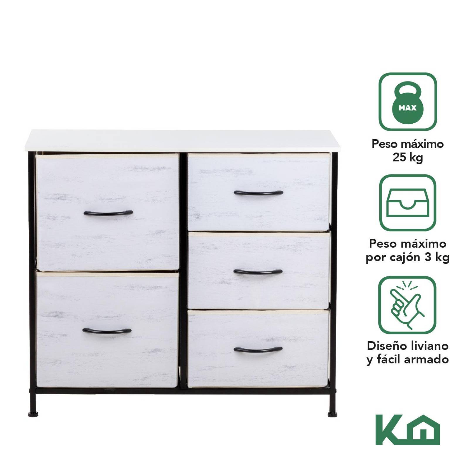 Comoda Cajonera 5 Cajones Mueble Organizador de Tela Madera Madera blanca