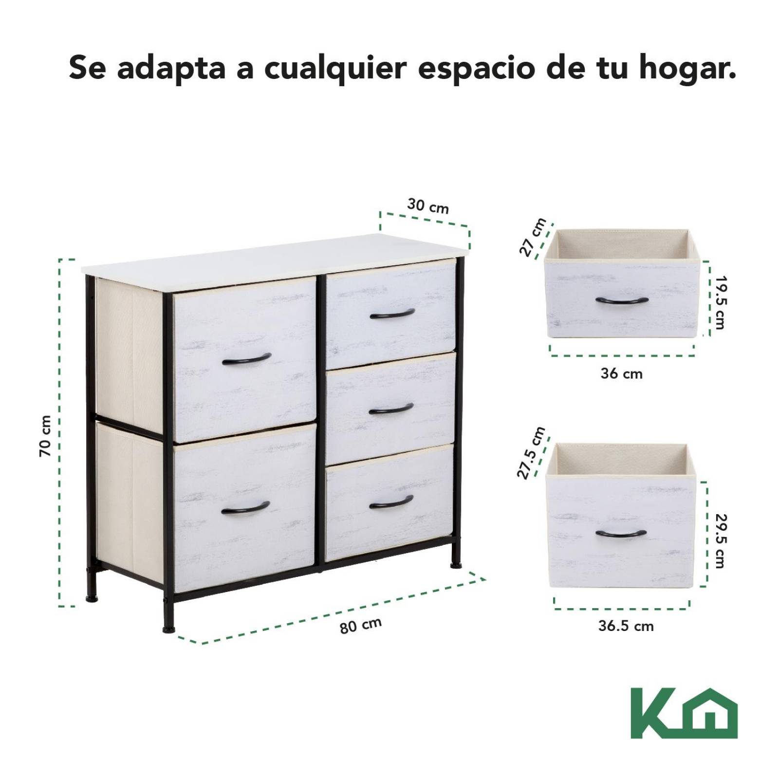 Comoda Cajonera 5 Cajones Mueble Organizador de Tela Madera Madera blanca