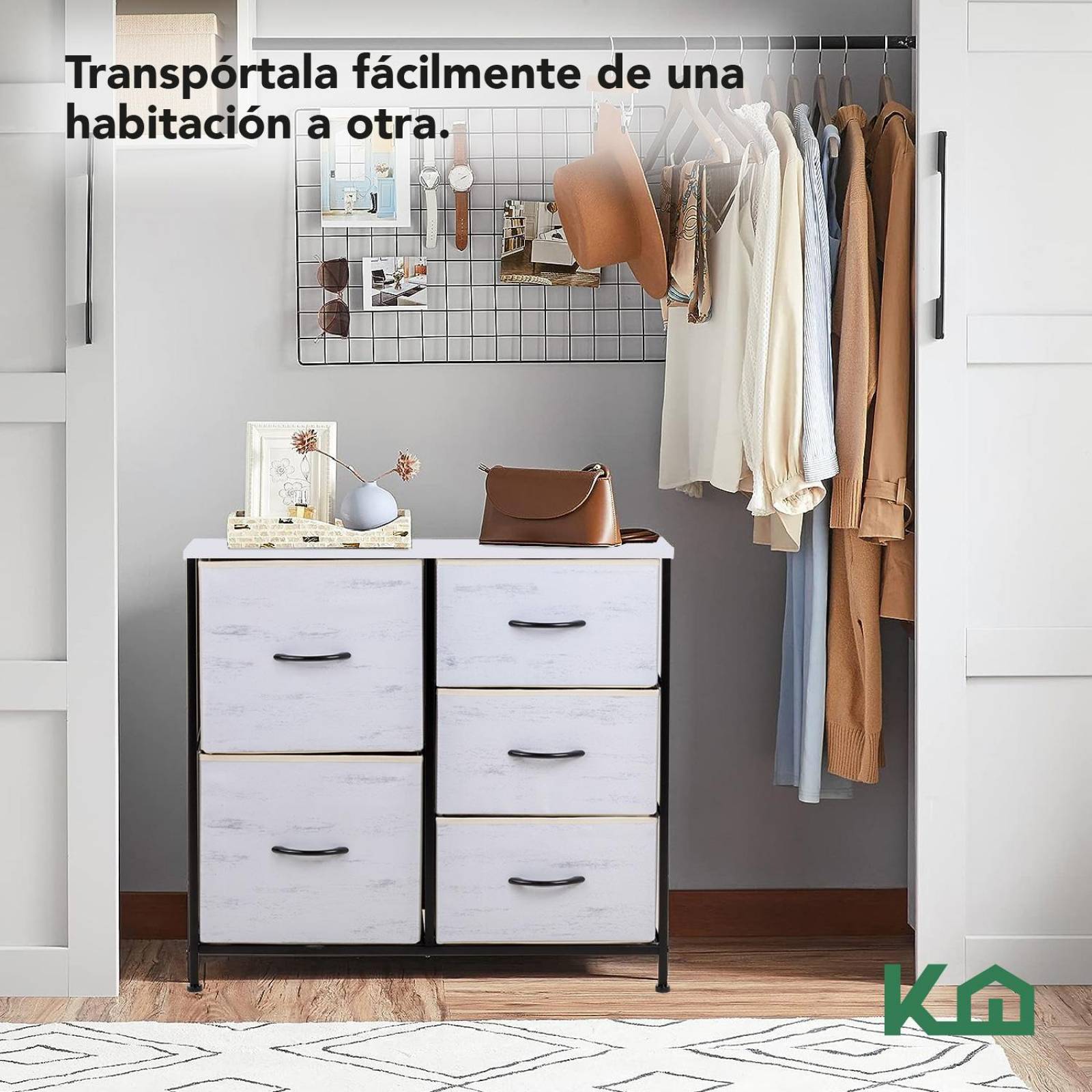 Comoda Cajonera 5 Cajones Mueble Organizador de Tela Madera Madera blanca