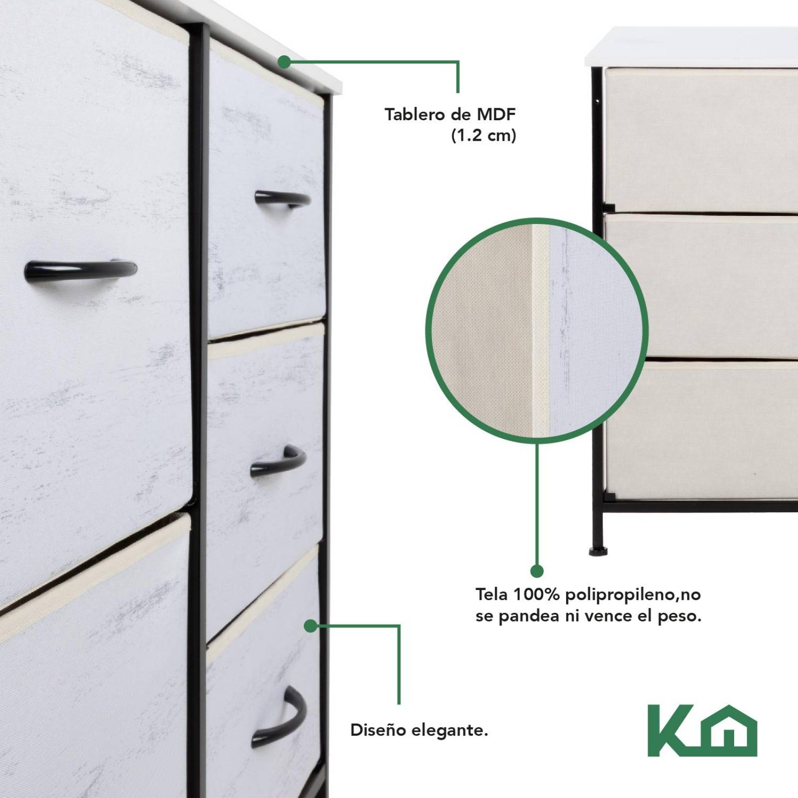 Comoda Cajonera 5 Cajones Mueble Organizador de Tela Madera Madera blanca