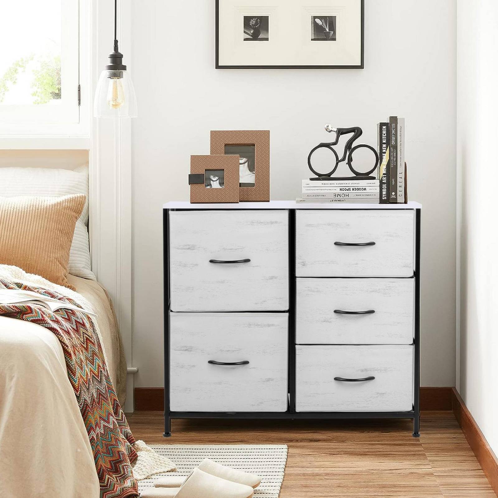 Comoda Cajonera 5 Cajones Mueble Organizador de Tela Madera Madera blanca