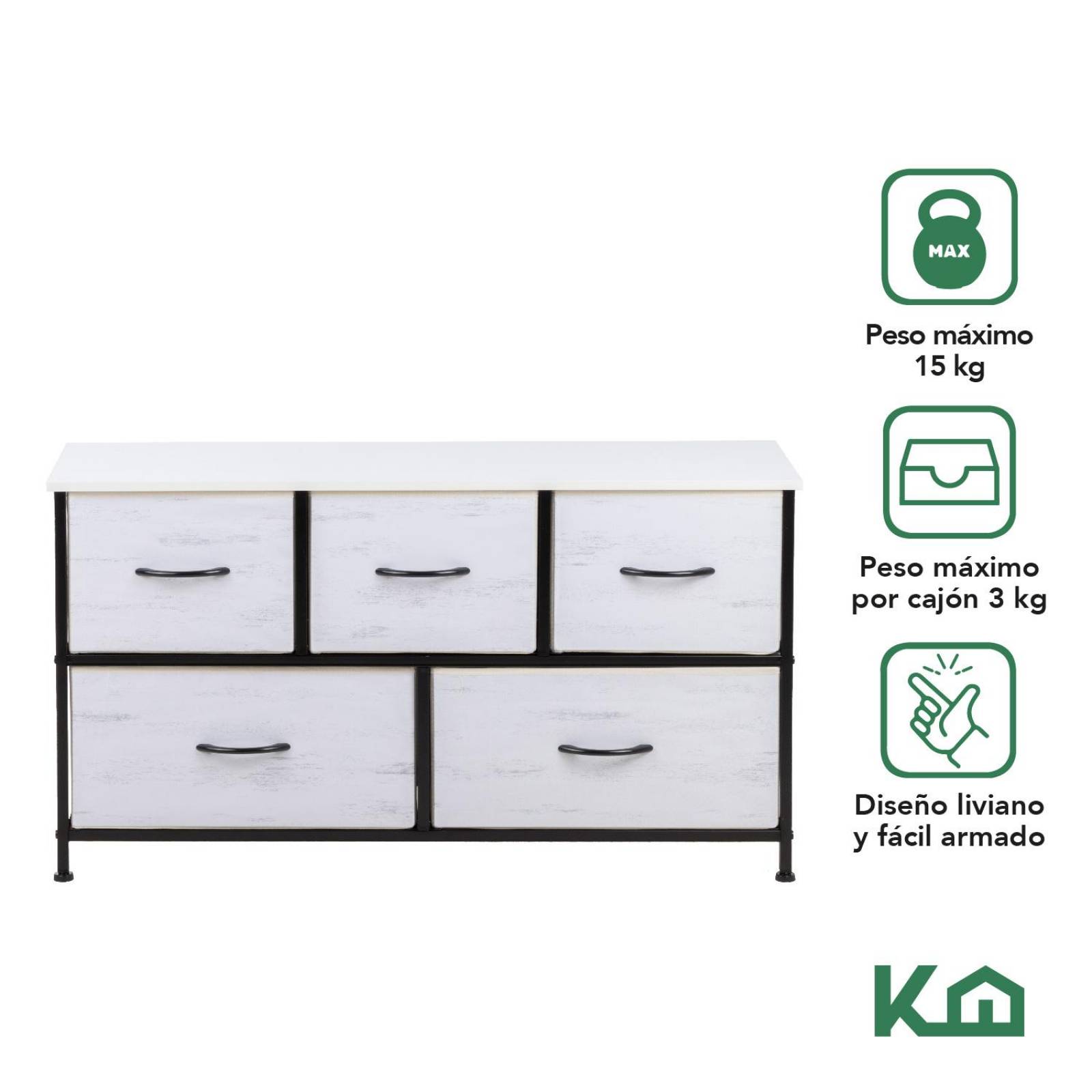 Comoda Cajonera de 5 Cajones Mueble Organizador Tela Madera Madera blanca