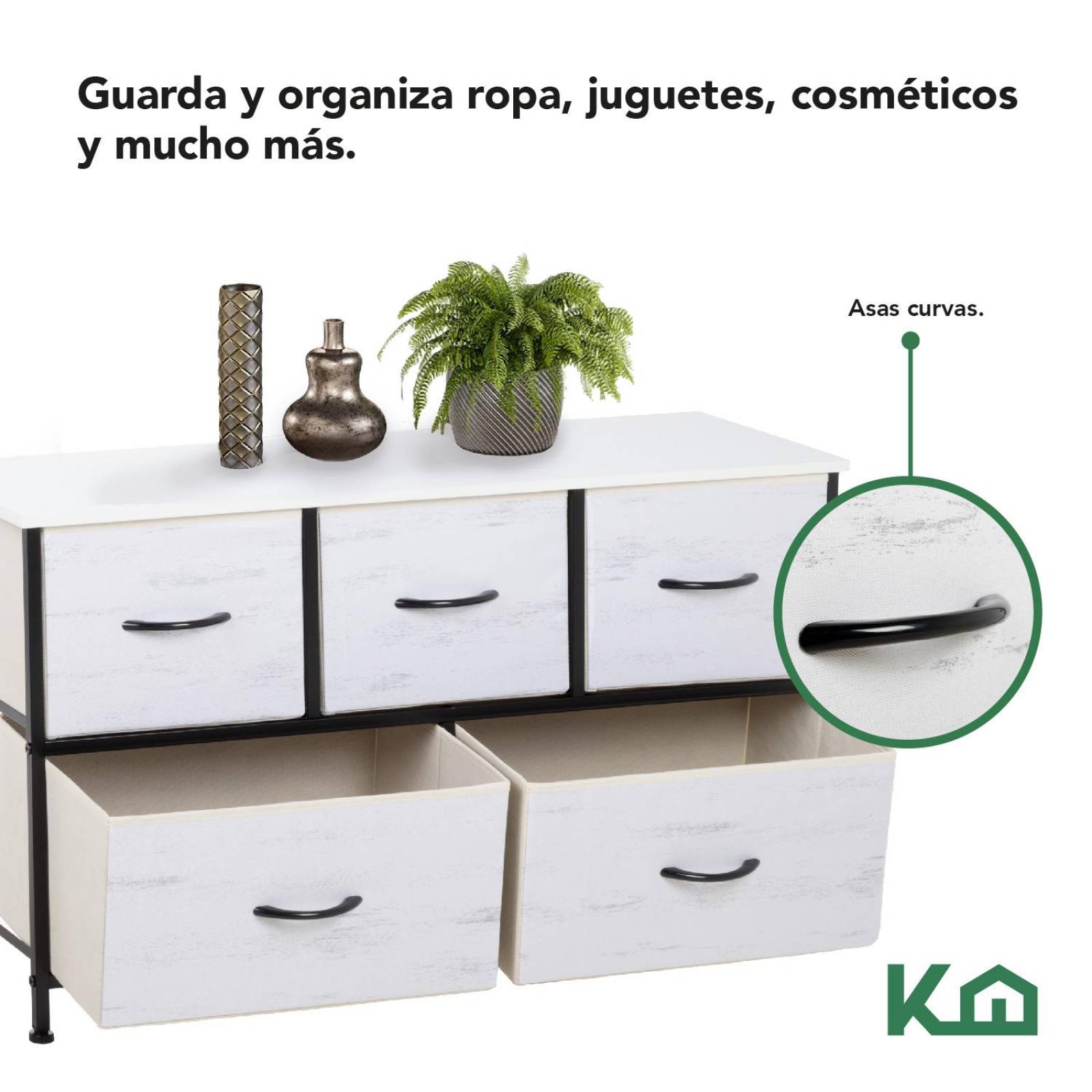 Comoda Cajonera de 5 Cajones Mueble Organizador Tela Madera Madera blanca