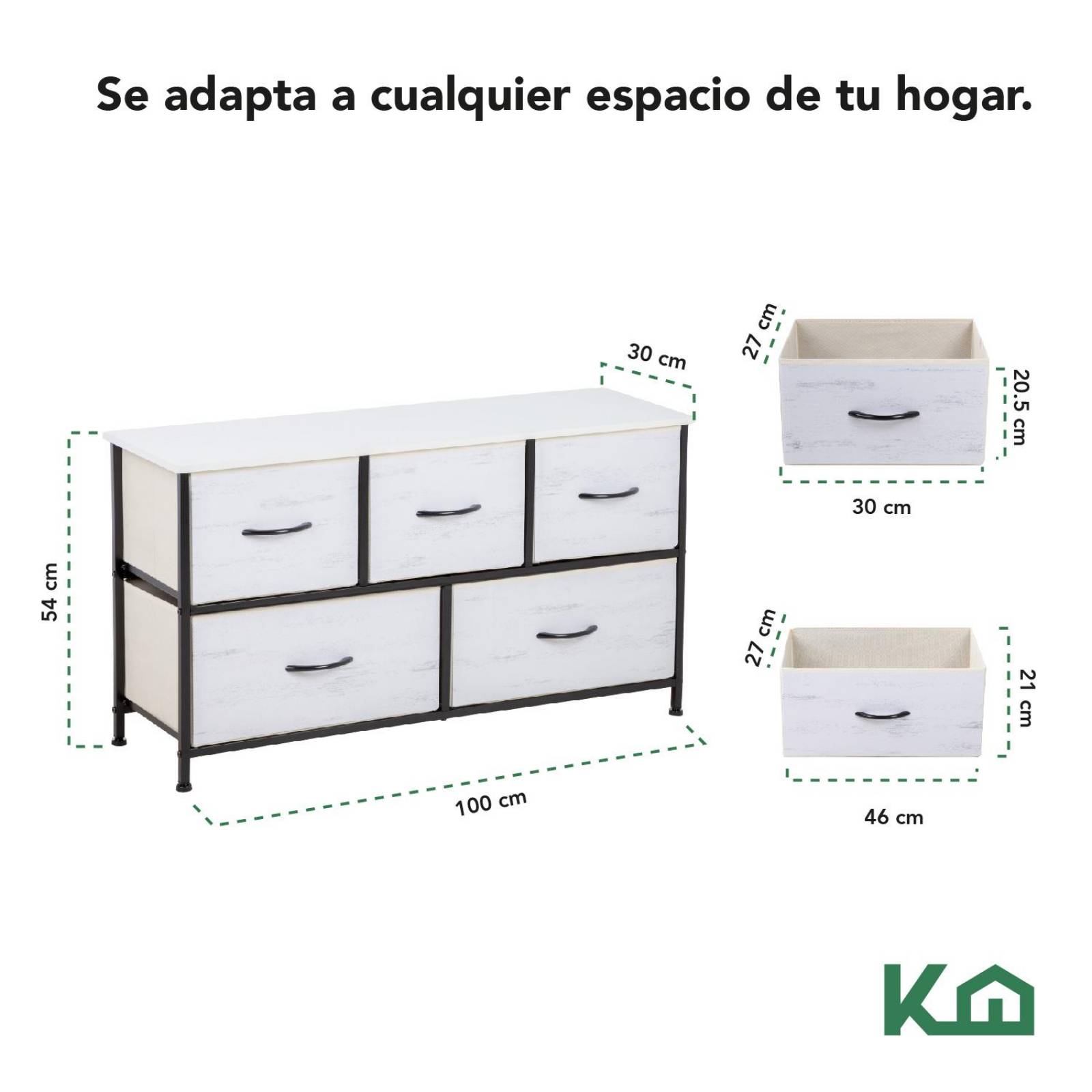 Comoda Cajonera de 5 Cajones Mueble Organizador Tela Madera Madera blanca