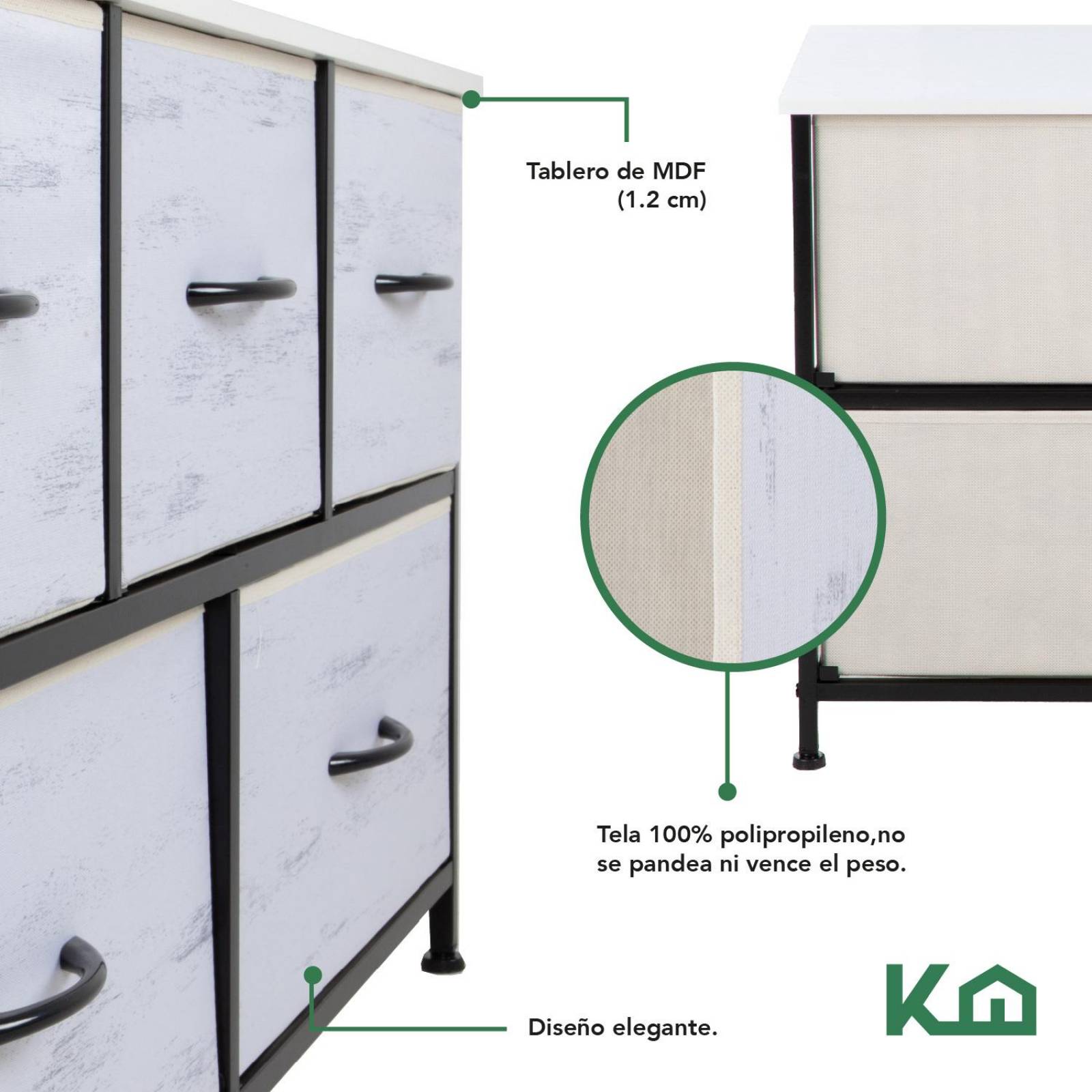 Comoda Cajonera de 5 Cajones Mueble Organizador Tela Madera Madera blanca