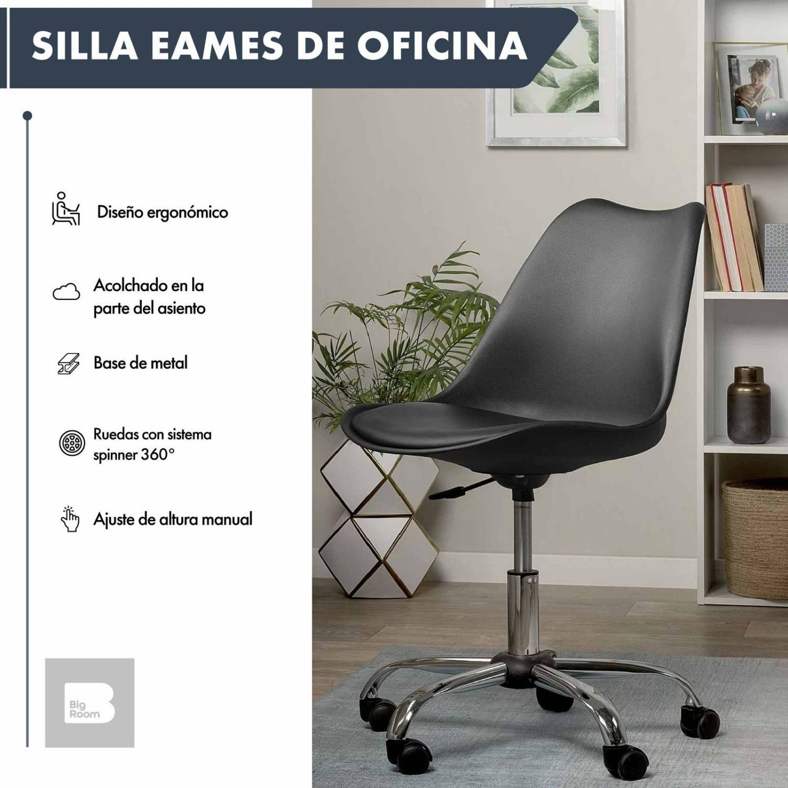 Silla De Oficina Tipo Eames Con Ruedas Minimalista Ejecutiva Negro