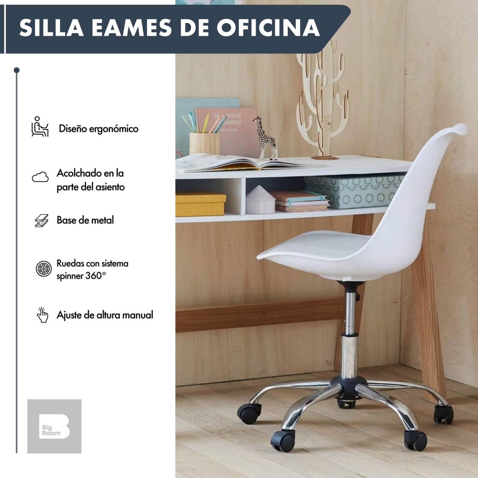 Silla De Oficina Tipo Eames Con Ruedas Minimalista Ejecutiva Blanco
