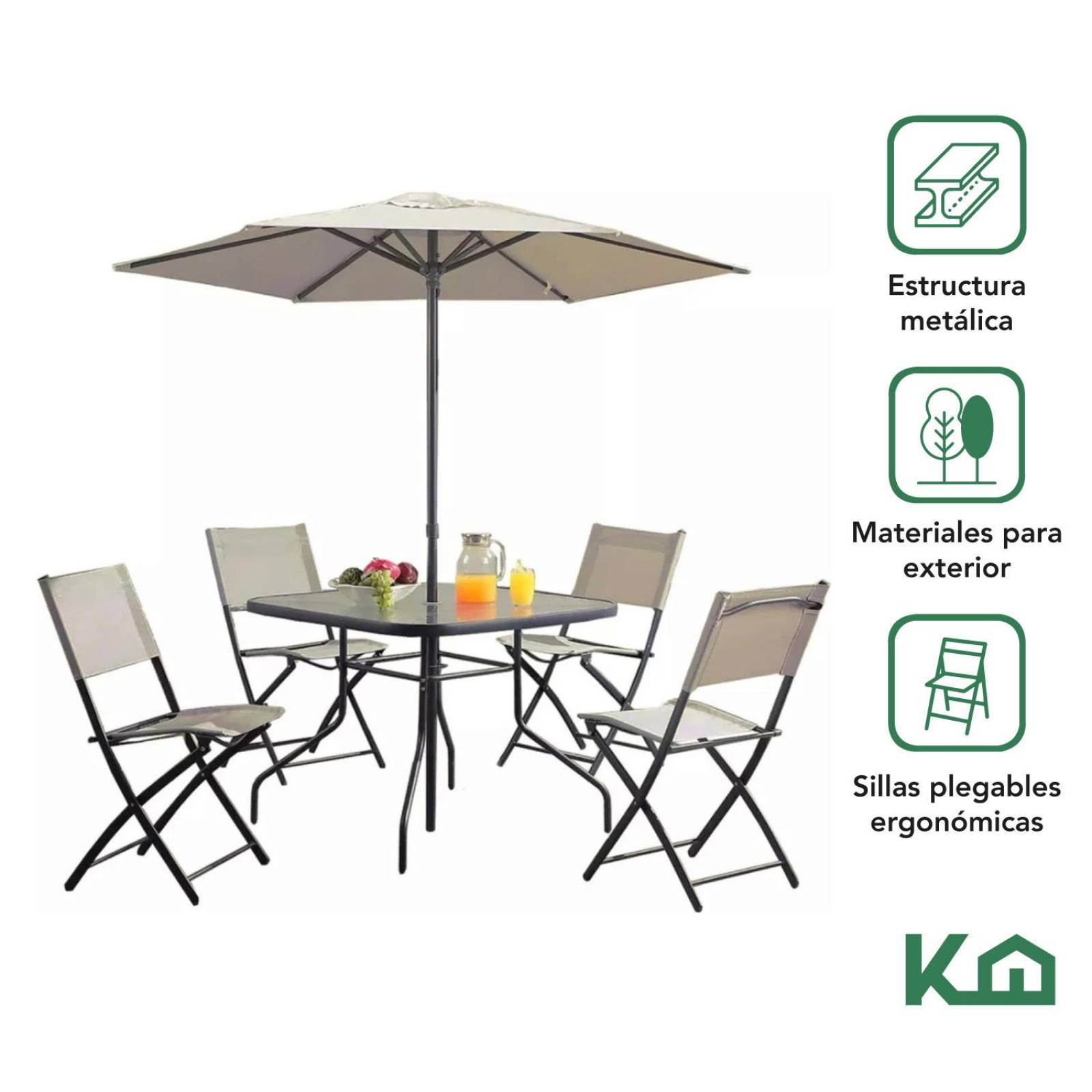 Juego De Jardin 6 Piezas Sillas Exterior Mesa Con Sombrilla Gris