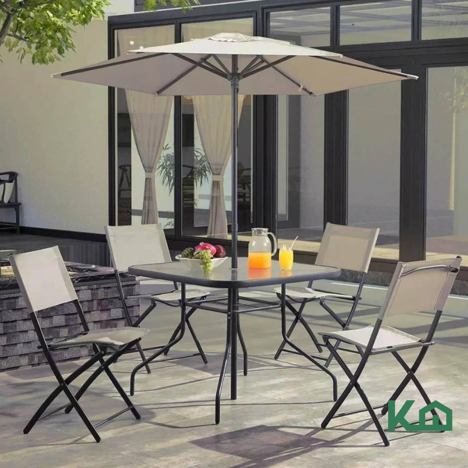 Juego De Jardin 6 Piezas Sillas Exterior Mesa Con Sombrilla Gris