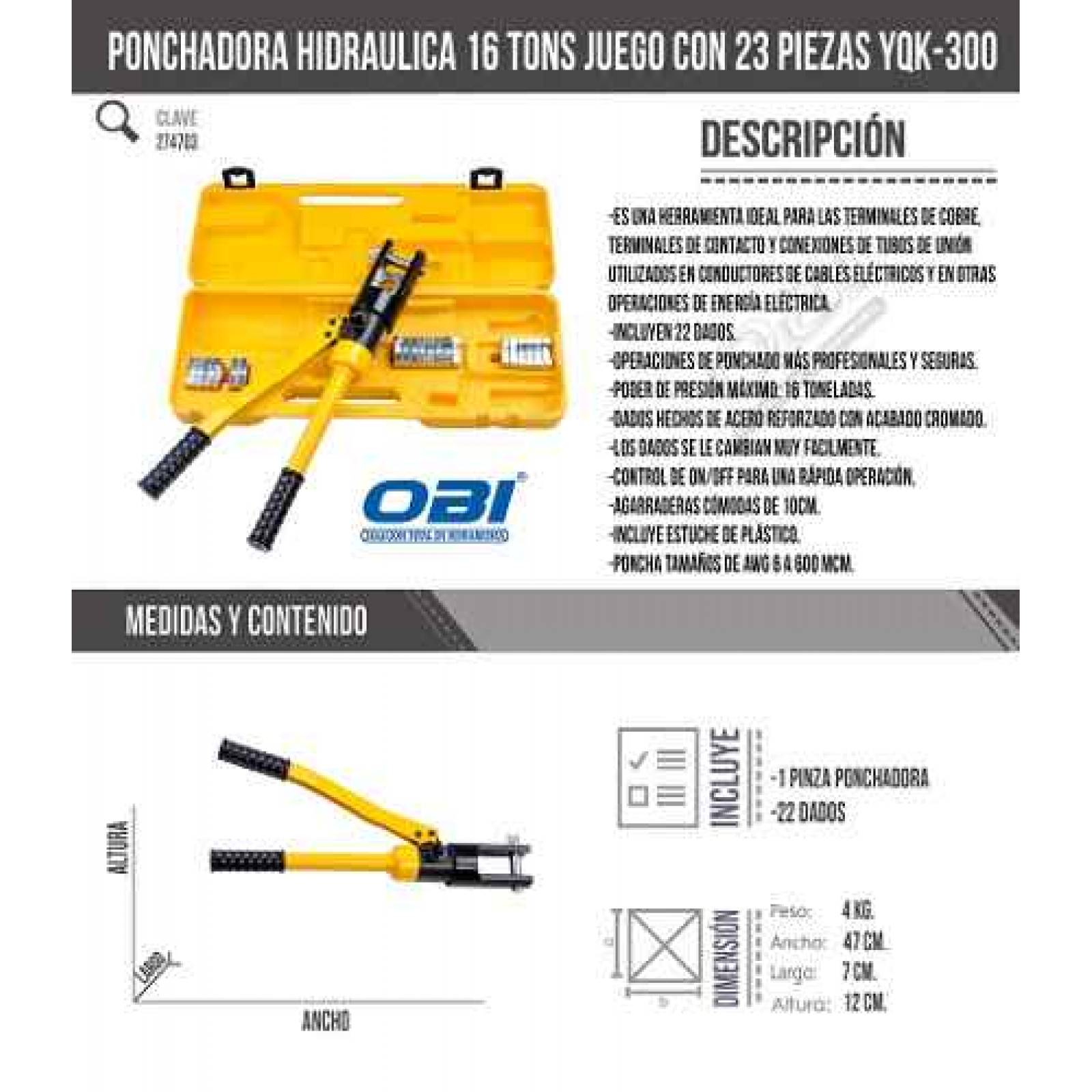 Ponchadora Hidraulica Juego con 25 Pzs Cap 10 300 mm2 YQK300 OBI