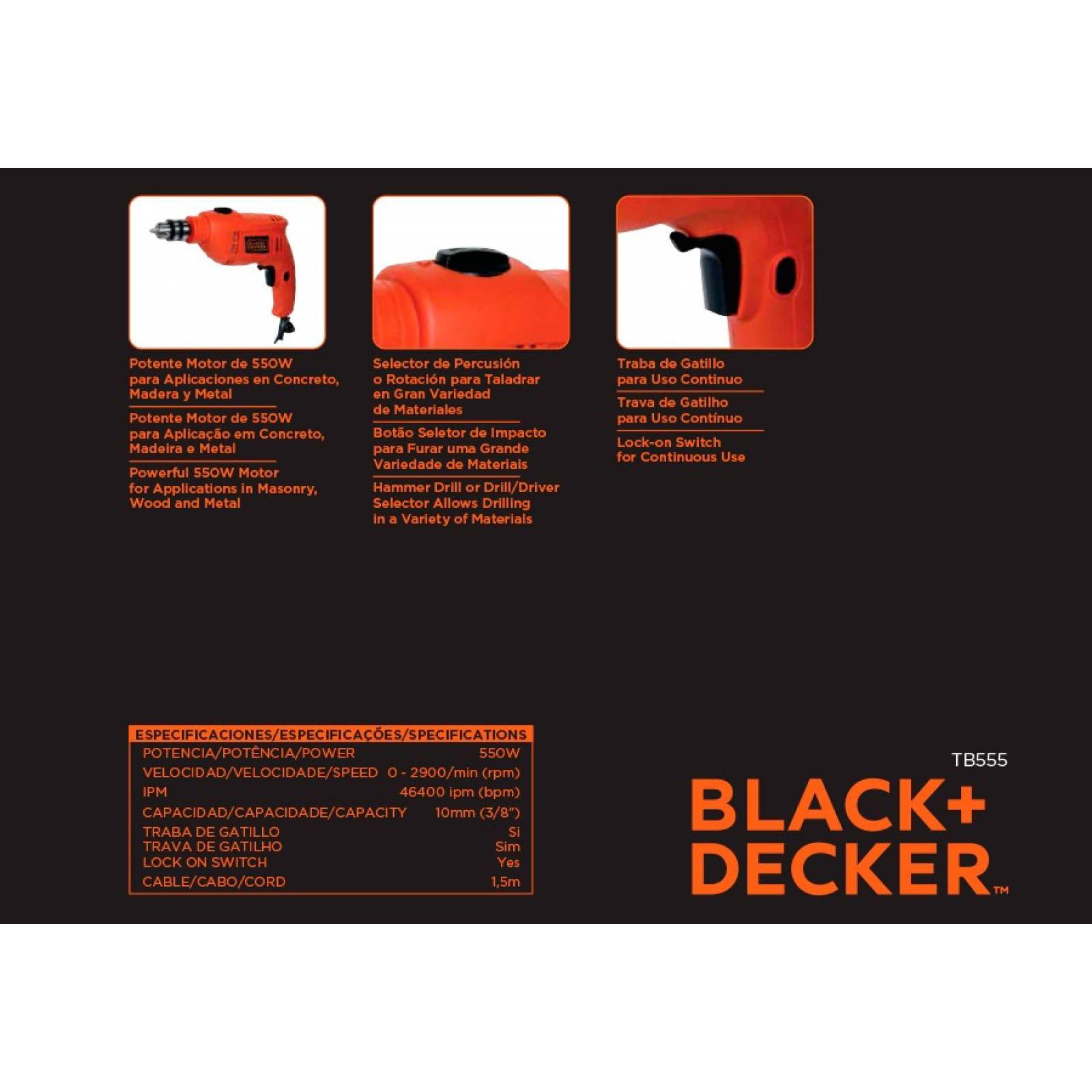 Rotomartillo 3/8" 550W V Var. Rev. TB555-B3 Black & Decker