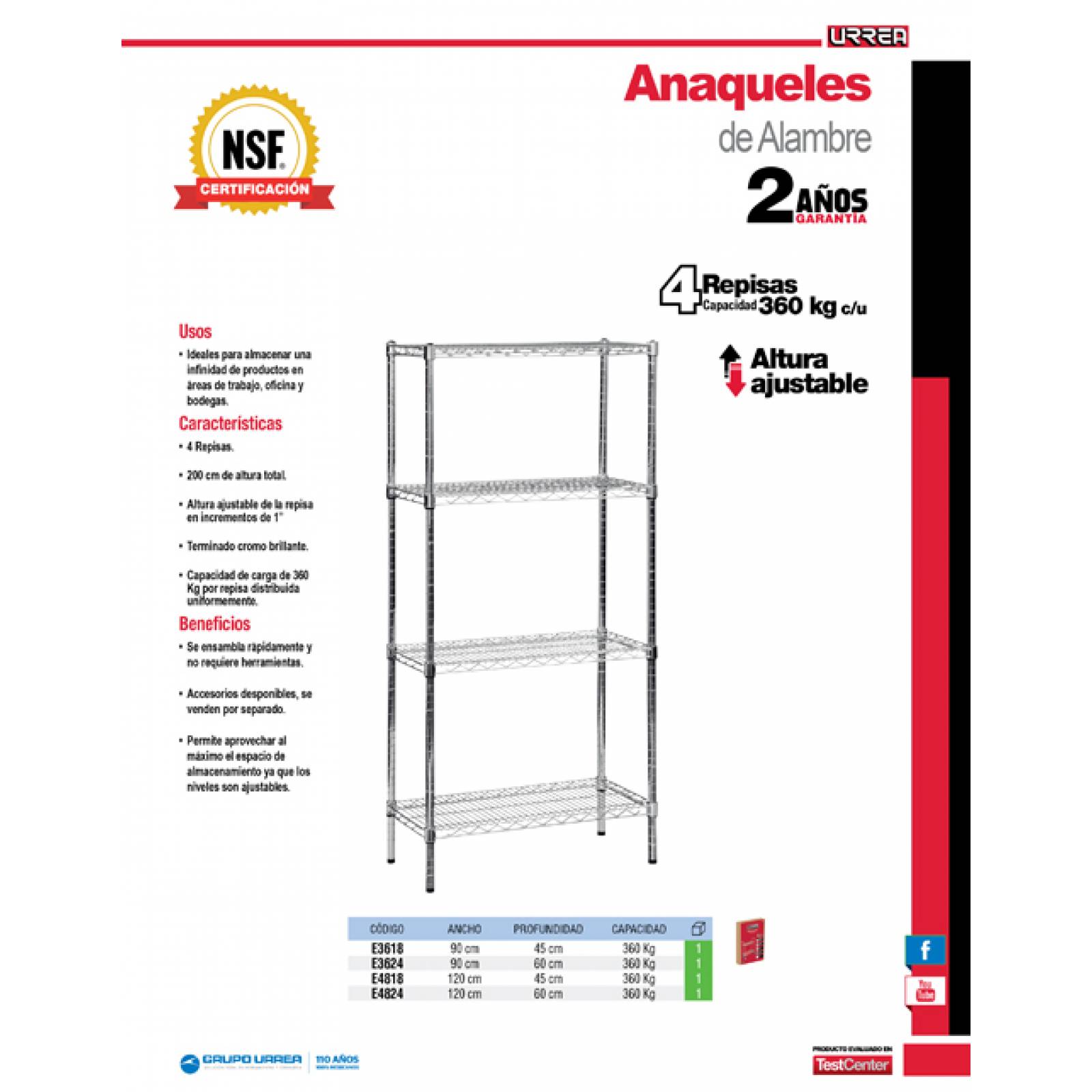 Anaquel Alambre 4 Repisas 36 X24 X79 In Cromado E3624 Urrea 