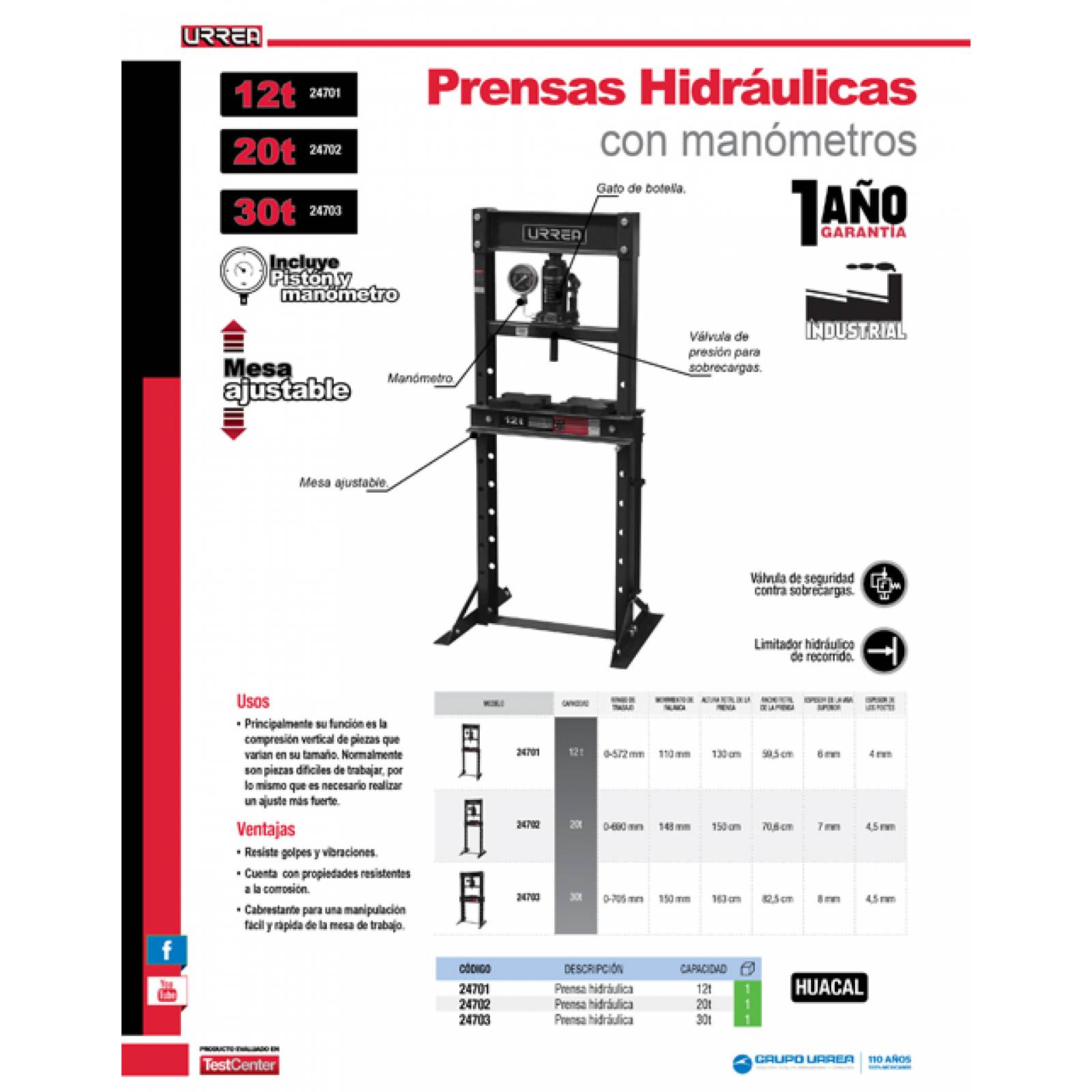 Prensa Hidraúlica 12 Toneladas Con Calibrador 24701 Urrea 