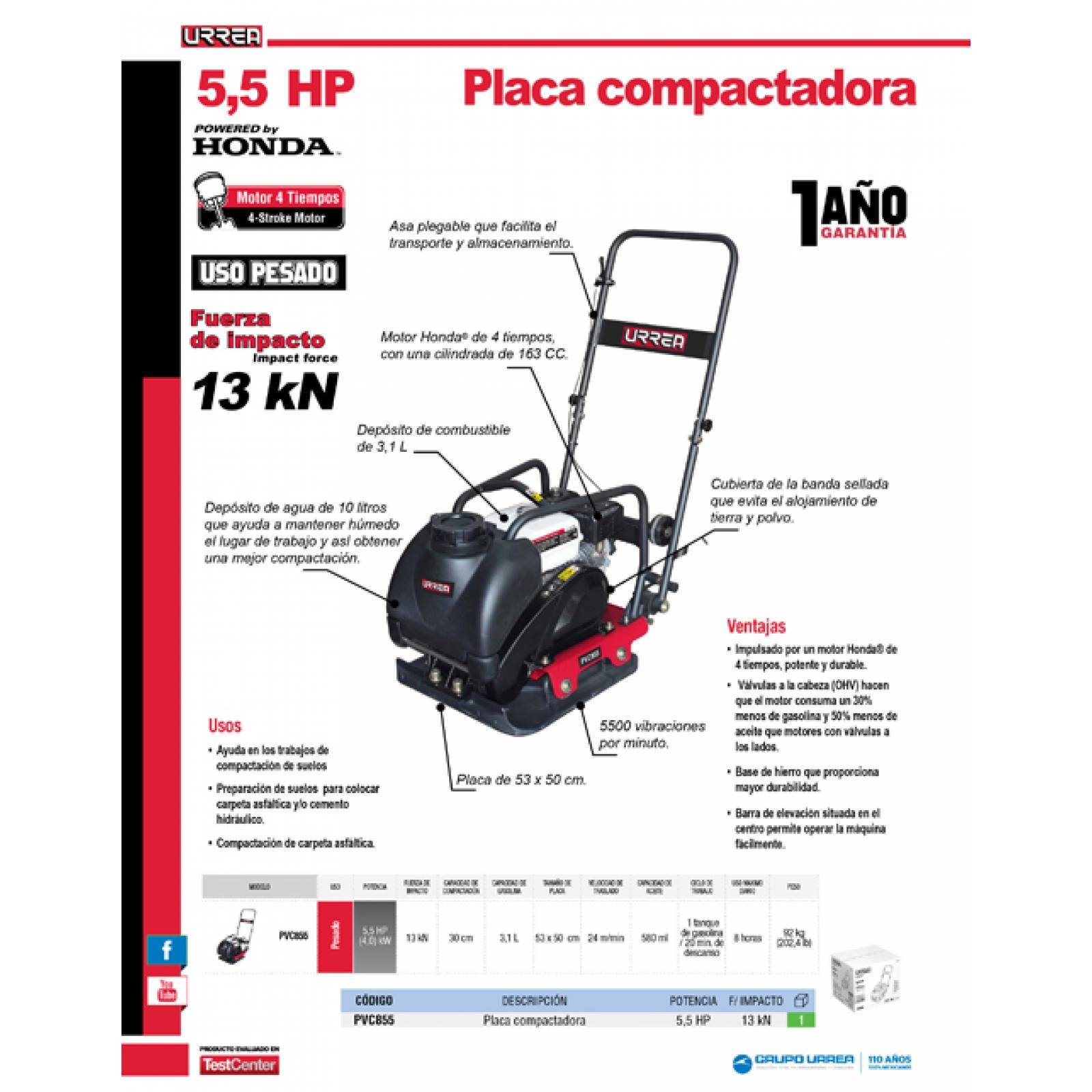 Placa Compactadora 5,5 Hp , 13 Kn, Motor Honda Pvc855 Urrea 