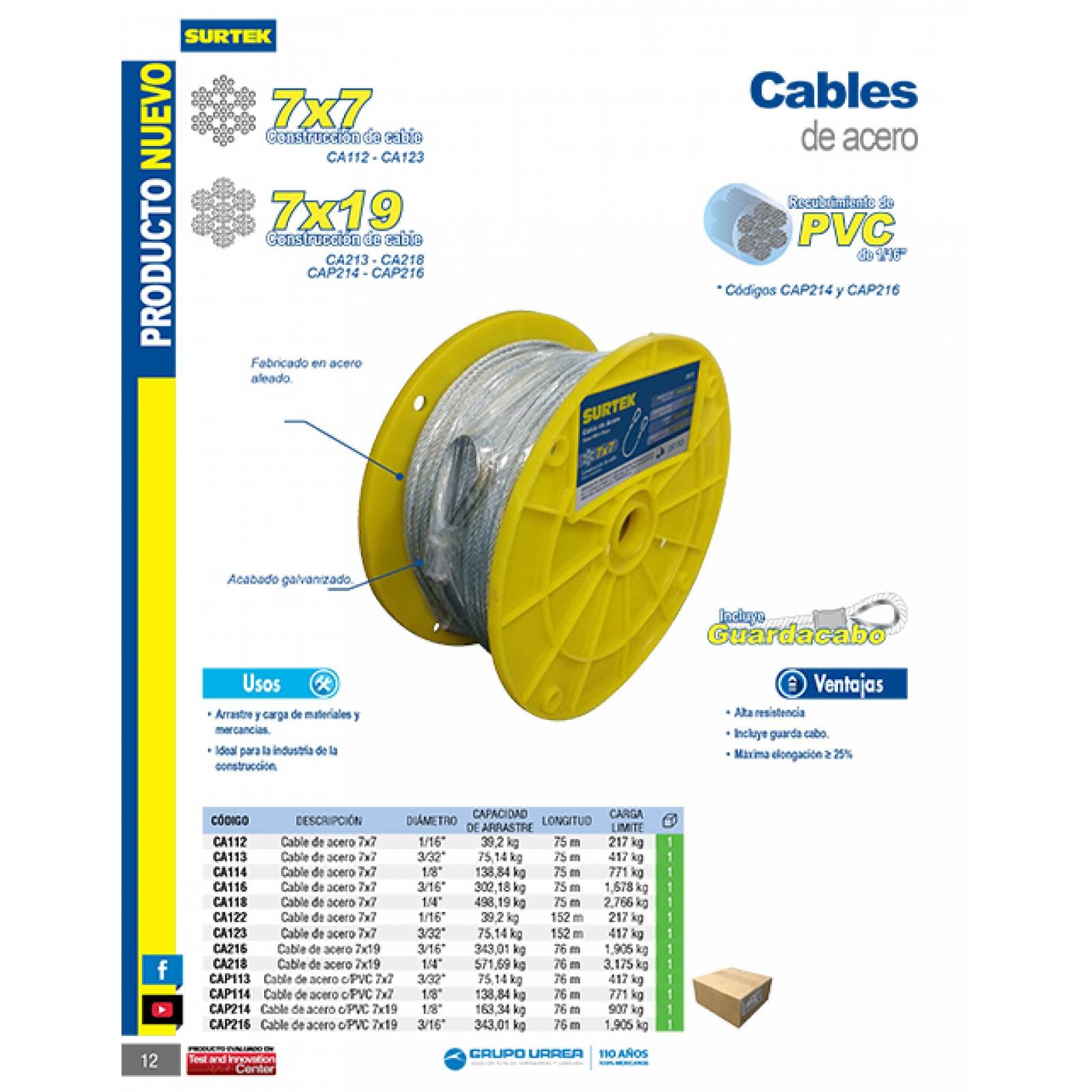 Cable Acero 7 X 19 1/4 X 76 Metros Ca218 Surtek 