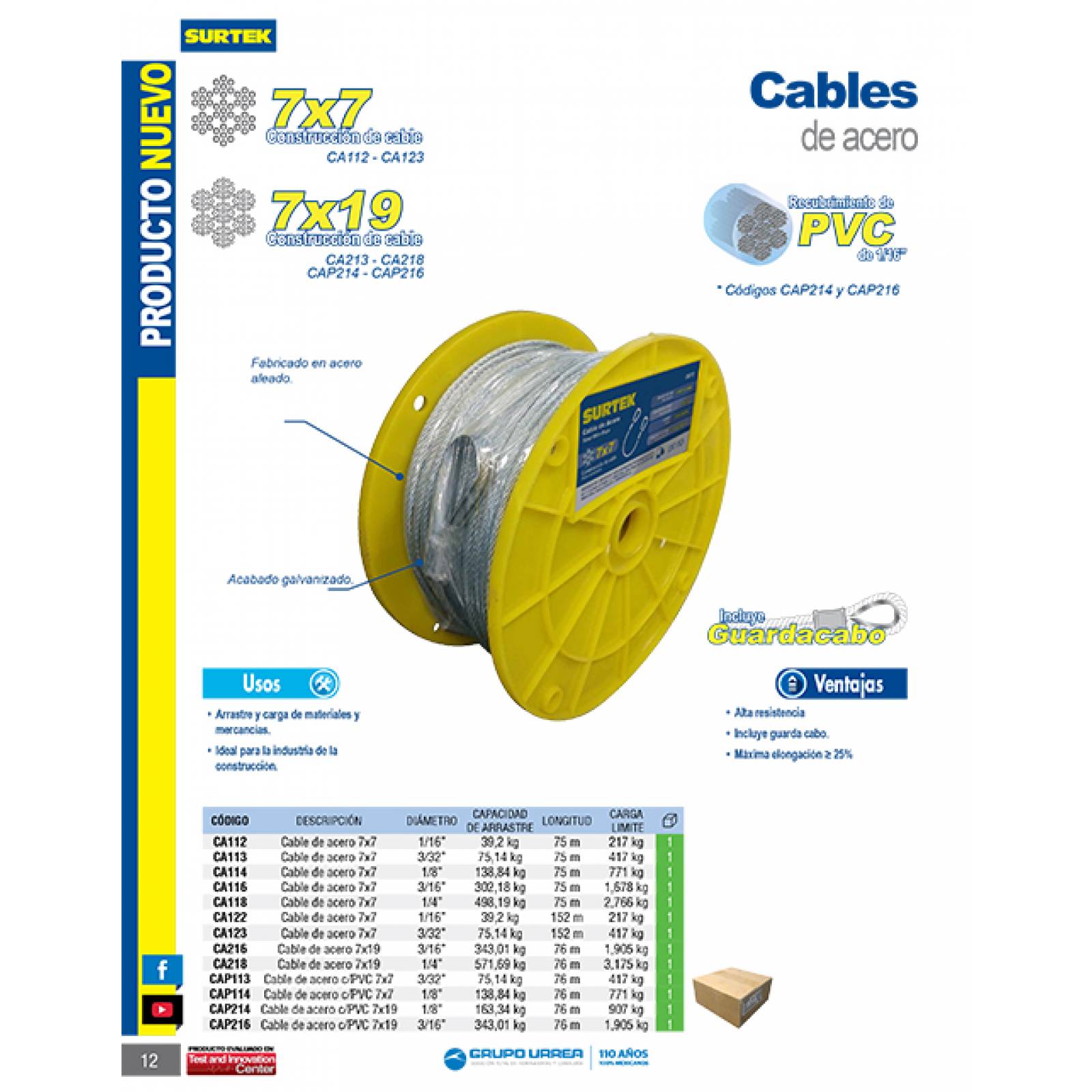 Cable Acero 7 X 19 1/4 X 76 Metros Ca218 Surtek 