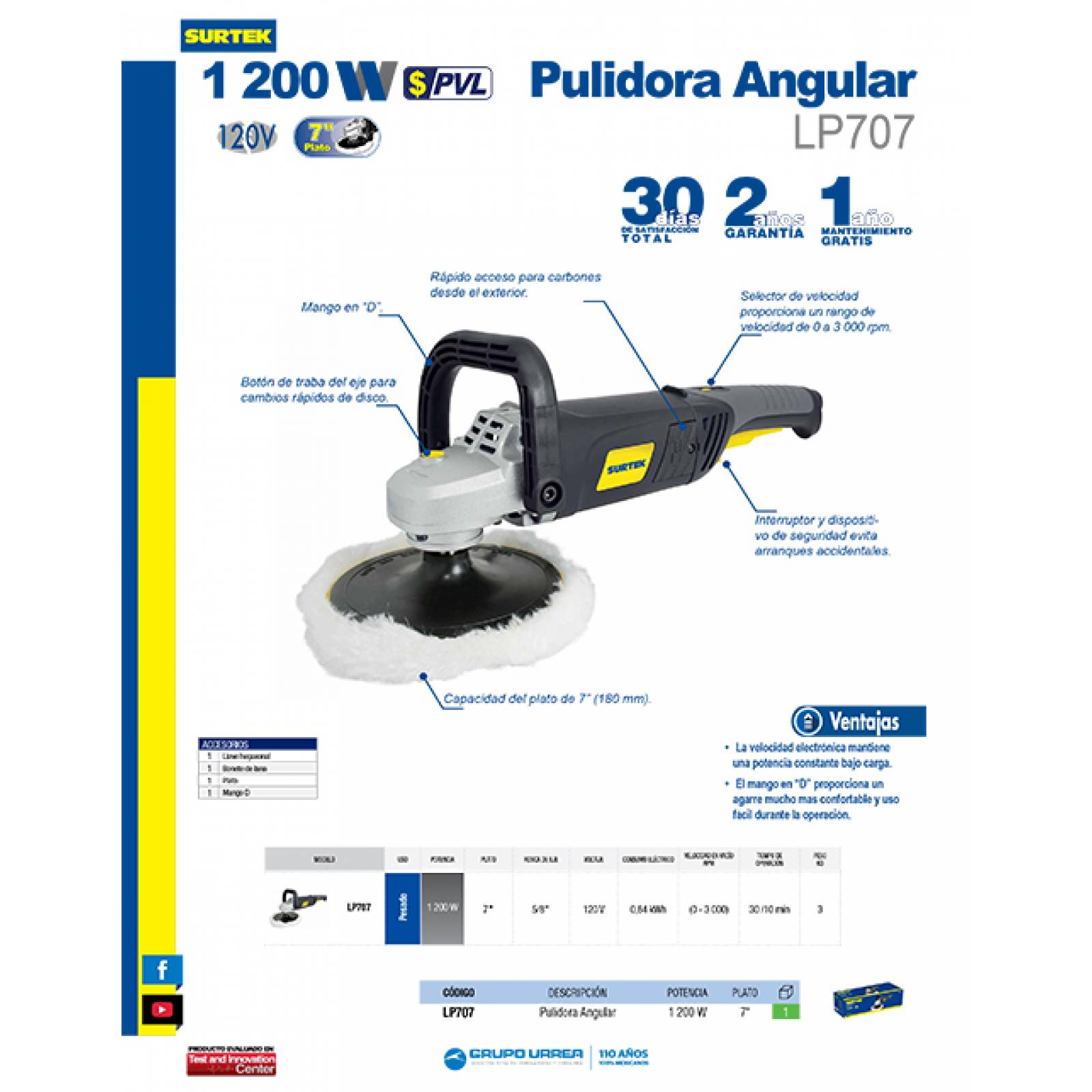 Pulidora Angular 1200 Watts Plato 7 120v 0-3,000 Rpm Lp707 