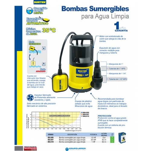 Bomba Sumergible Agua Limpia Potencia 3/4 Hp Bsl507 Surtek 
