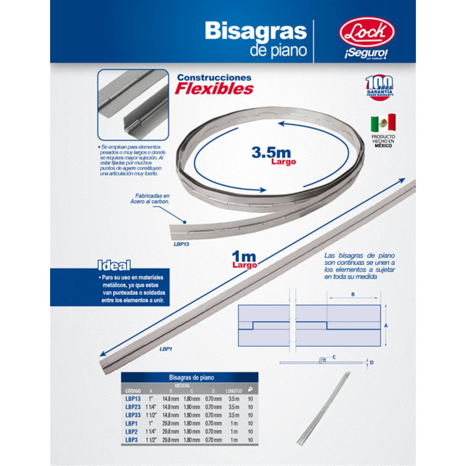 Bisagra De Piano De 1 1/2x1 M Con Orificios Lbp3h Lock 