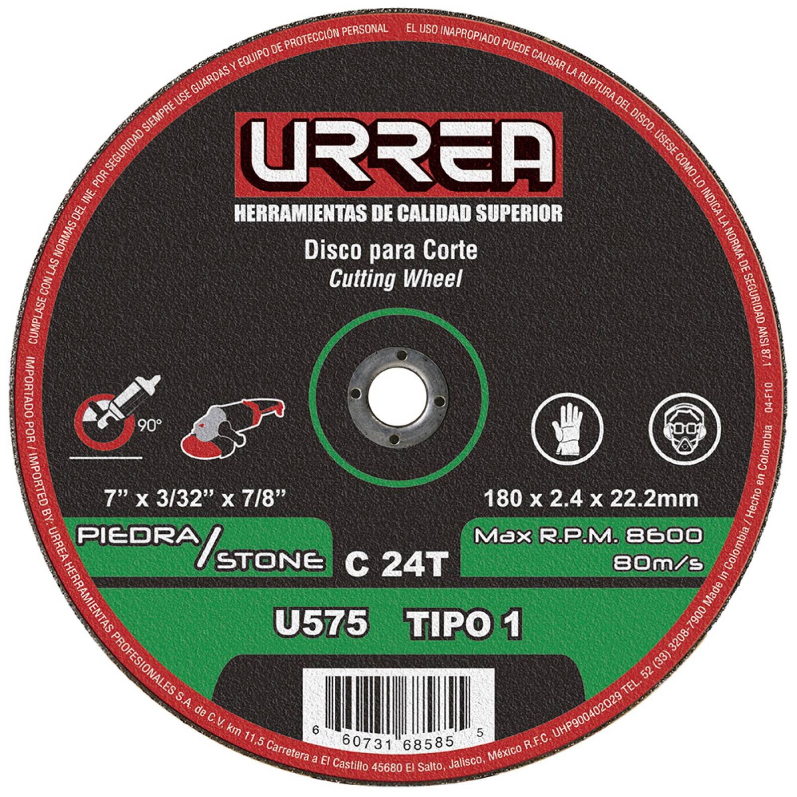 Disco Abrasivo Tipo 1 Piedra 7x3/32 Extra Pesado U575 Urrea 