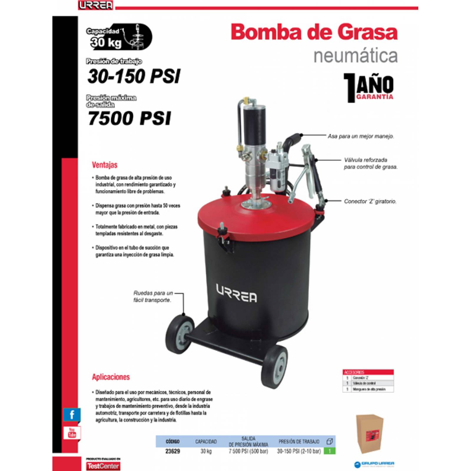 Inyector De Grasa Neumática Capacidad De 30 Kg 23629 Urrea 