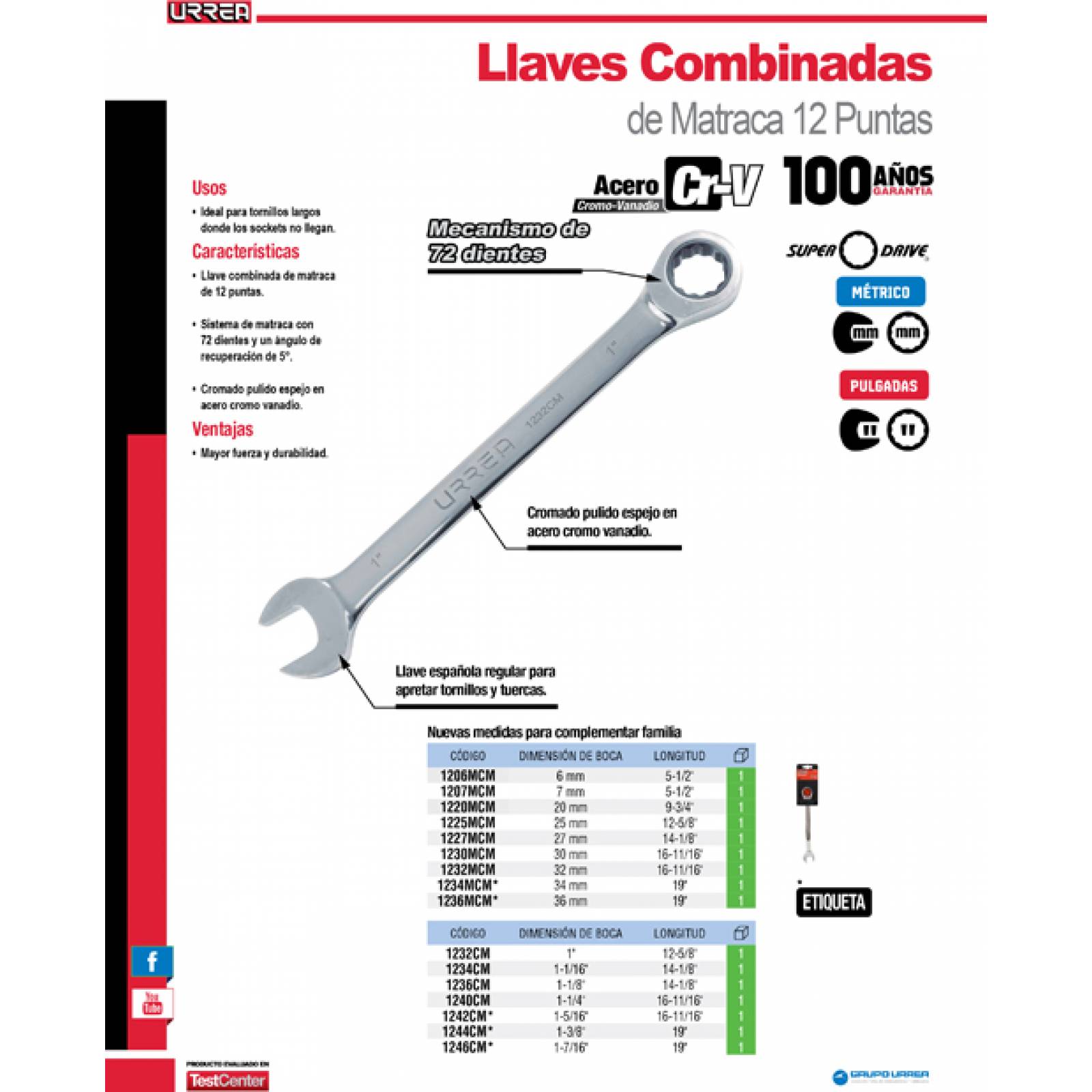 Llave Combinada De Matraca 36mm Urrea 