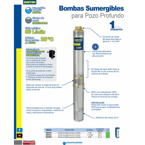 Bomba Sumergible Pozo Profundo 1 Hp Bsp610 Surtek 