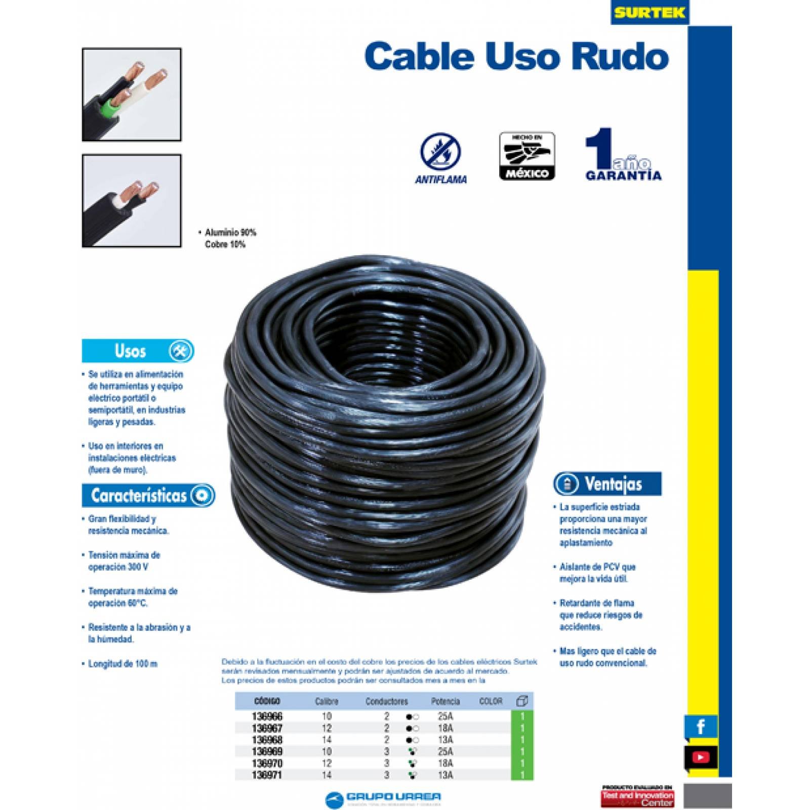 Cable Eléctrico Uso Rudo Cca Cal. 2 X 10 100 Mt Surtek 