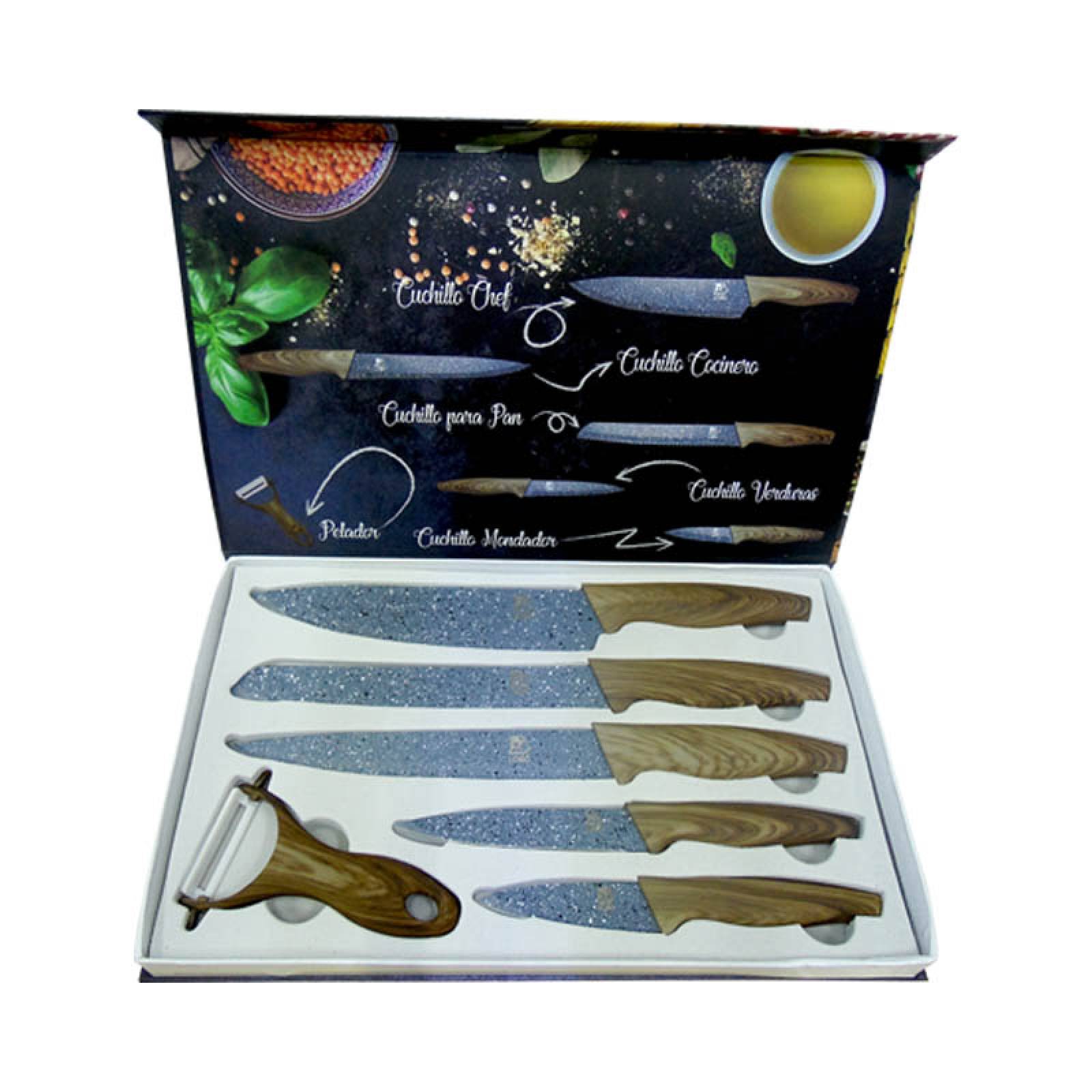 Juego 6 Cuchillos Ceramica Chef Pelador Mango Plastico Lobo 