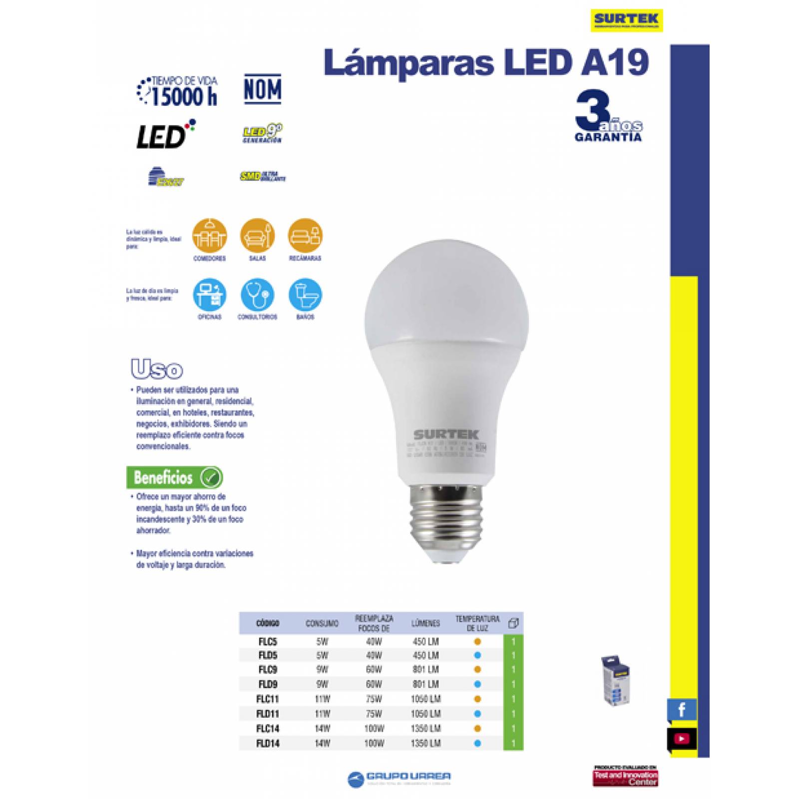 Foco Led 11w Luz De Día Bulbo A19 Base E27 Surtek 