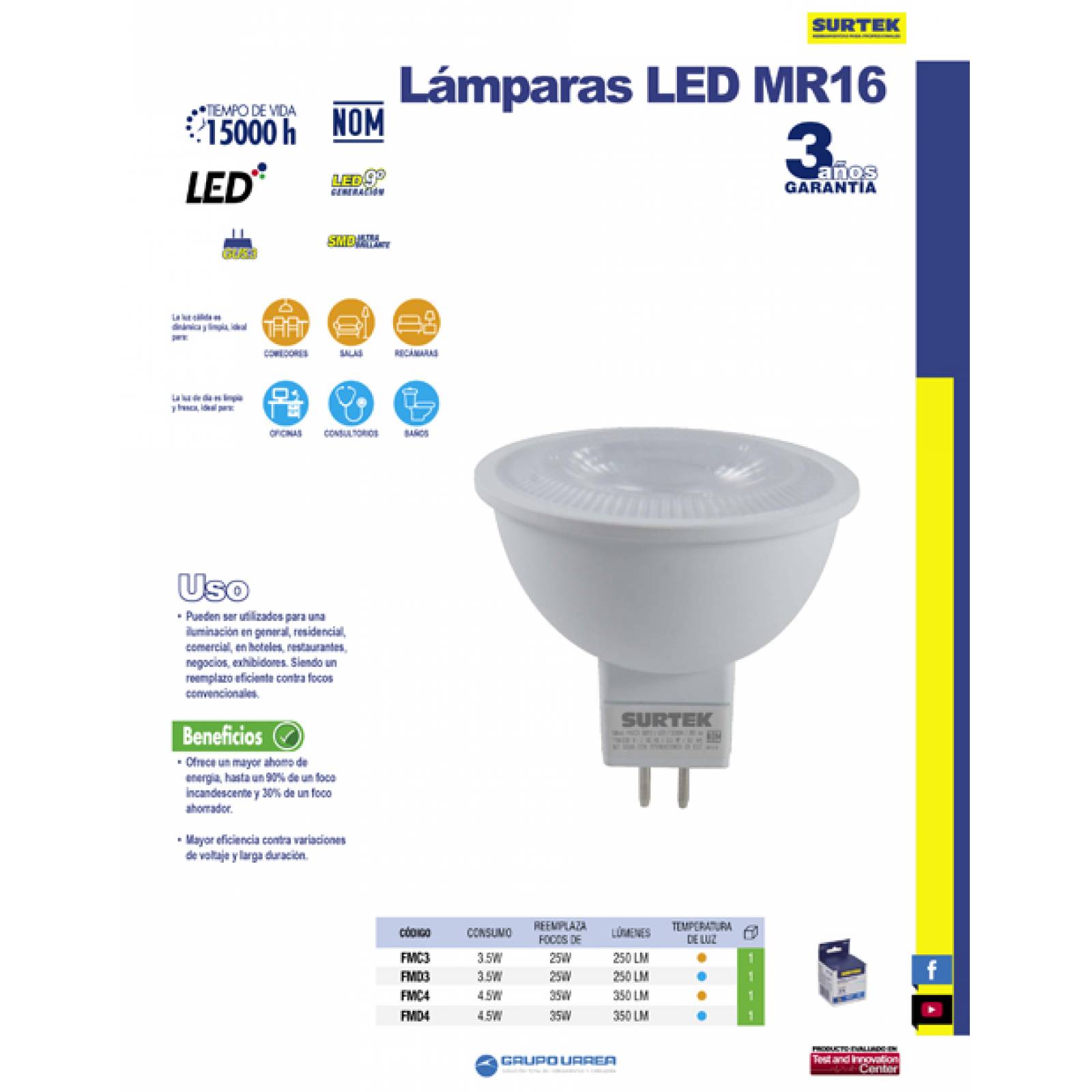 Foco Led Mr16 4.5w Luz Cálida Base Gu5.3 Surtek 