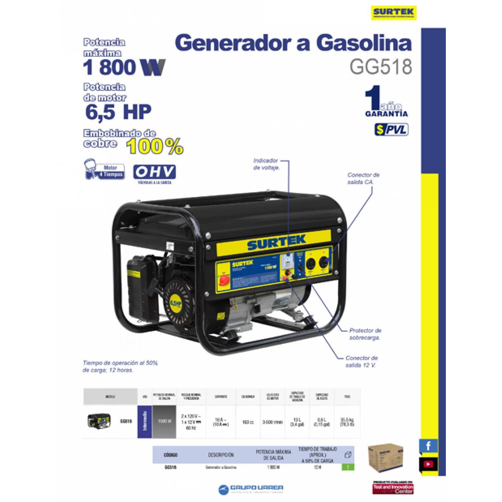 Generador A Gasolina 120v 163cc 1800w Capacidad 13 L Surtek 