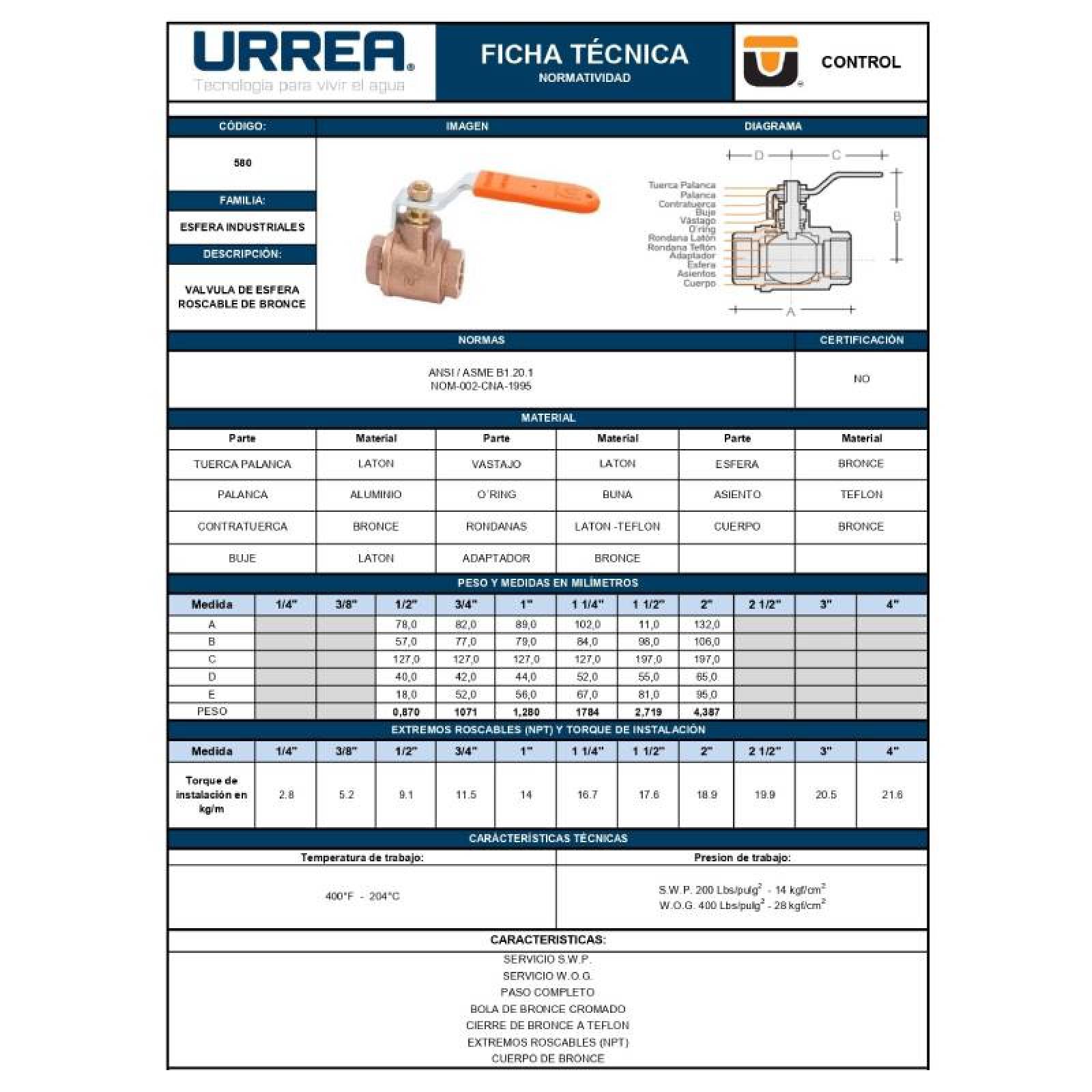 Valvula De Esfera Roscable De Bronce 580.25 Urrea 